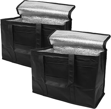 APQ Supply Insulated Food Delivery Bags, 11 x 8 x 9 Inches Black Cooler Tote Bags, Foldable Catering Bag with Zippered Top, 2 Pack