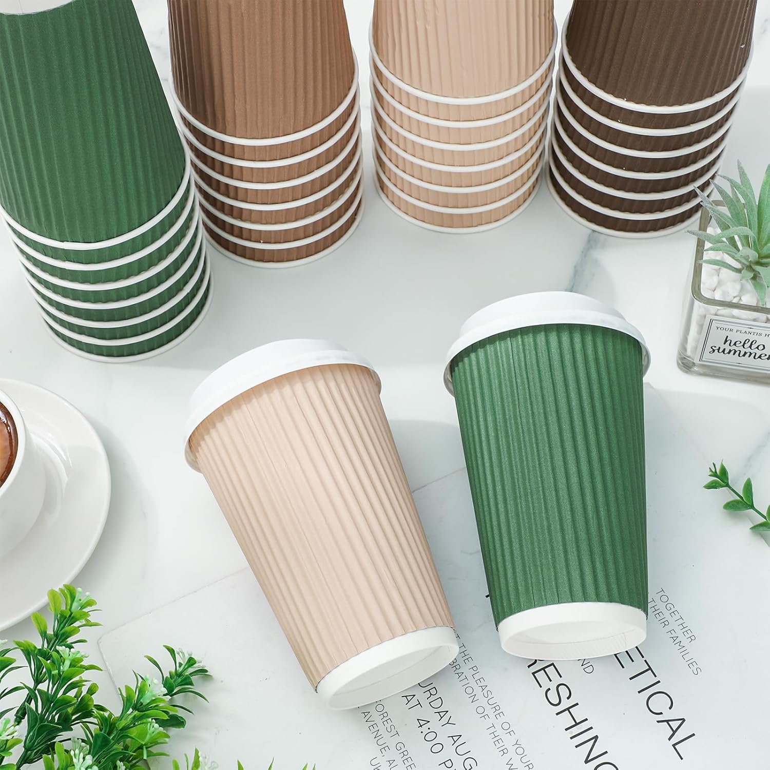 Whaline 100Pcs Woodland Themed Disposable Coffee Cups with Lids 16oz Brown Green Paper Cup Corrugated Ripple Wall Insulated Hot Cup for Home Office Party Supplies