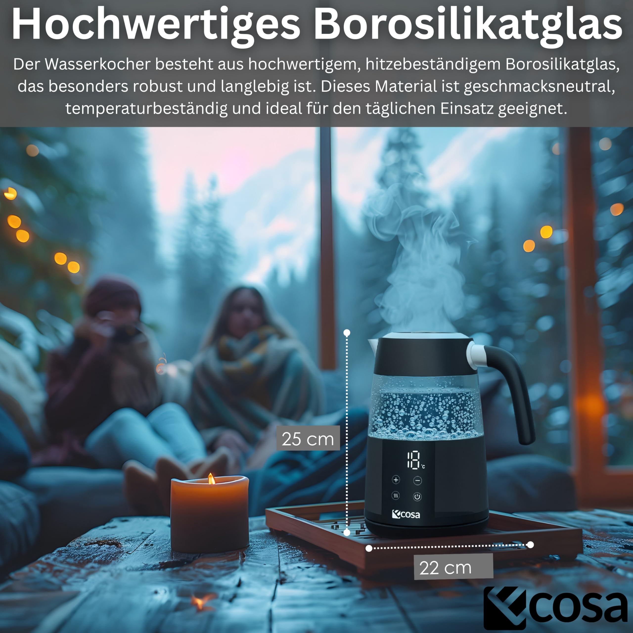 Ecosa® Czajnik elektryczny z regulacją temperatury, szkło, stal nierdzewna, 2200 W, 1,7 litra, bez BPA, z wyborem temperatury 40°C - 100°C, funkcja utrzymania ciepła, cyfrowy czujnik, ekran dotykowy