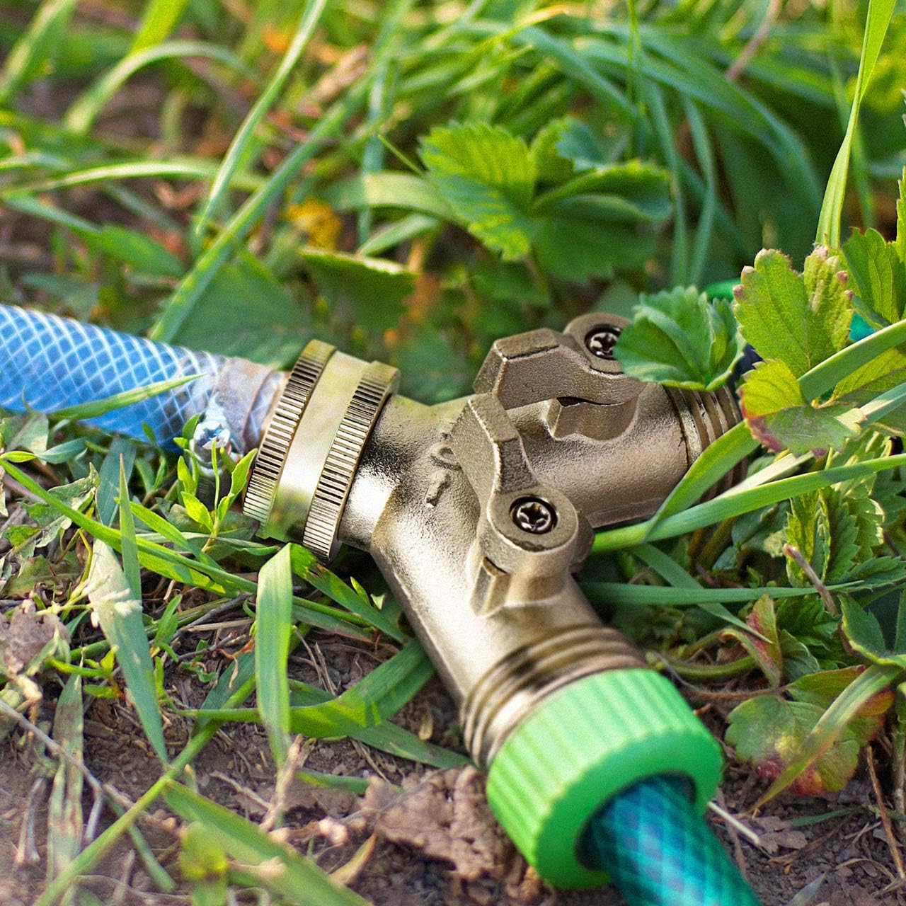 Nickel Plated Solid Brass Garden Hose Splitter, Heavy Duty 2 Way Y Faucet Adapter with Dual Shut Off Valves, Leak Proof 3/4 Inch Hose Bib Spigot for Outdoor Watering, Includes 3 Extra Washers