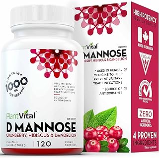 PlantVital D-Mannose 1000mg w Cranberry [HIGH Potency] Urinary Tract Treatment, Bladder Control, Kidney Cleanse & UTI Support. 100% Natural Detox. Plus Hibiscus & Dandelion. 2 Months Supply