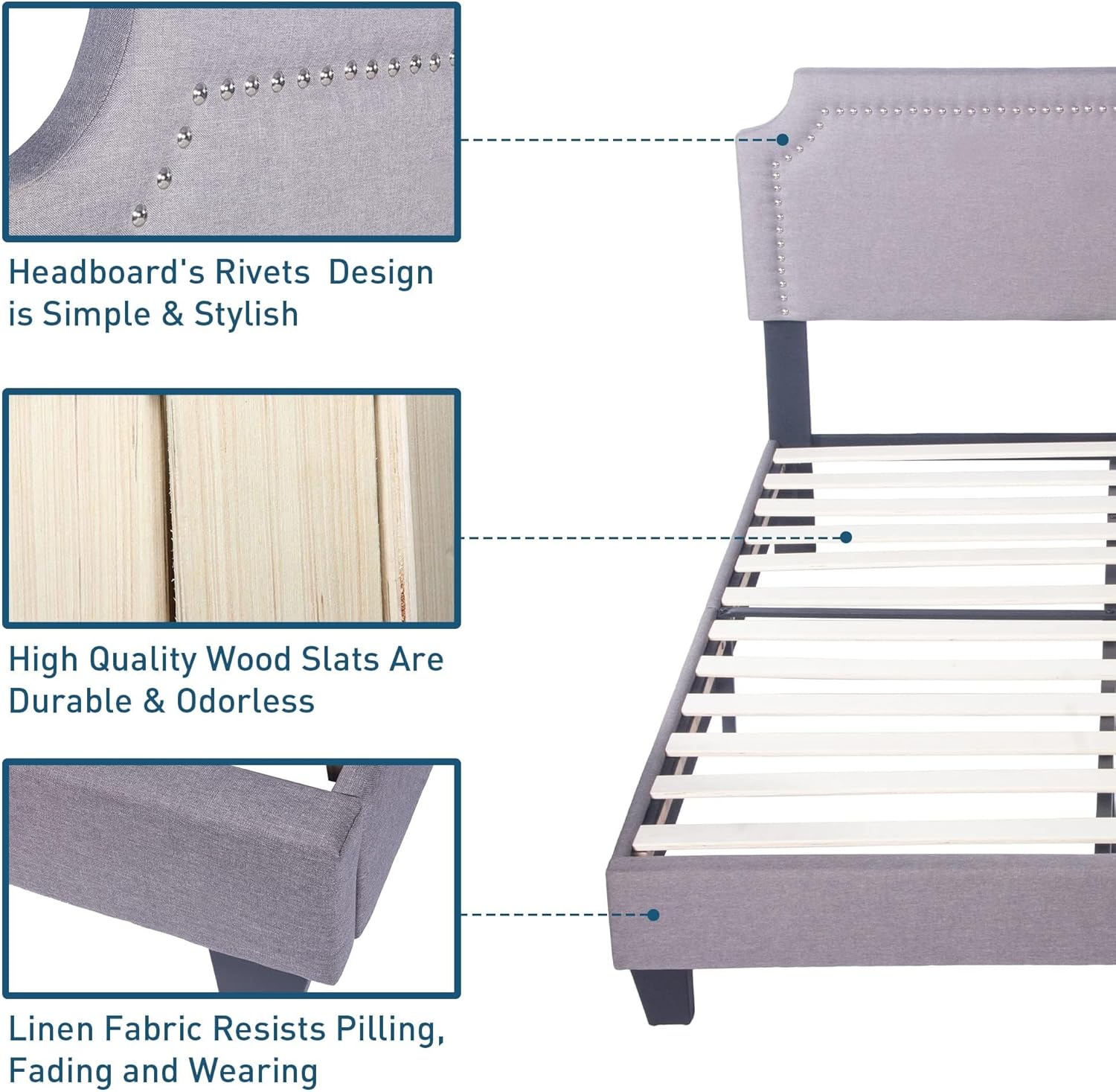 Upholstered Queen Bed Frame with Headboard, Bed Frame Queen Size, Mid-Century Style, Wooden Slats with Velcro Design, No Box Spring Needed, Mattress Foundation for Bedroom