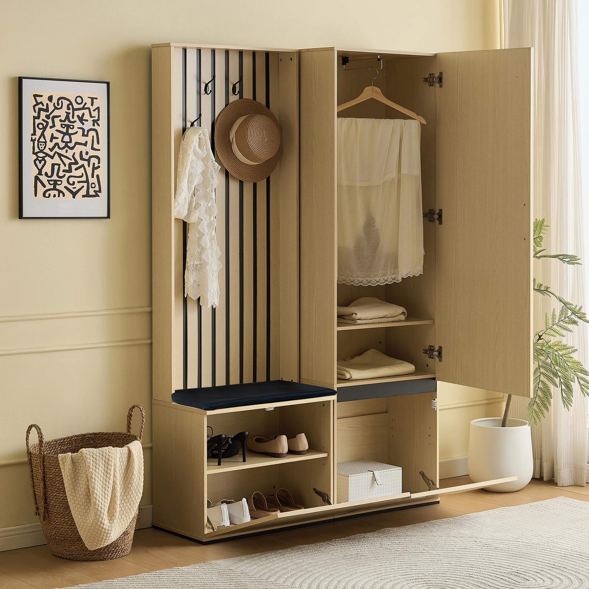 Merax Garderobenschrank mit Spiegel und Sitzbank – Modernes Flurmöbel-Set mit Schuhablage, ausziehbarer Kleiderstange, 4 Haken, Stauraum für Flur, Schlafzimmer & Eingangsbereich