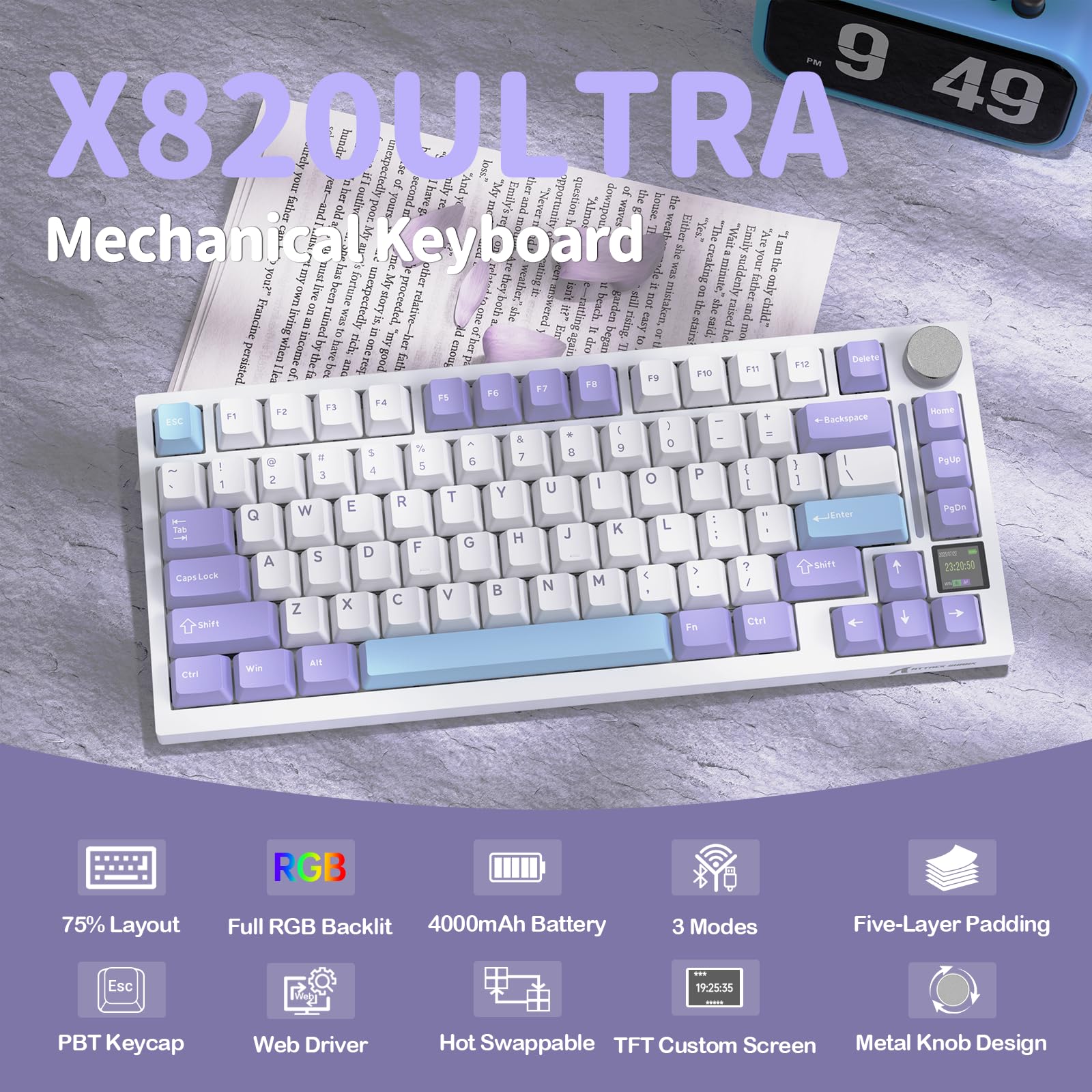 YINDIAO ATTACK SHARK X820 Ultra Gasket Mechanical Keyboard with TFT Screen & Knob, 75% ANSI Layout, 2.4Ghz/BT/Wired, 5 Sound Absorbing Foams, Hot-Swap Linear Switch, for PC,MAC (Purple, Gift Switch)