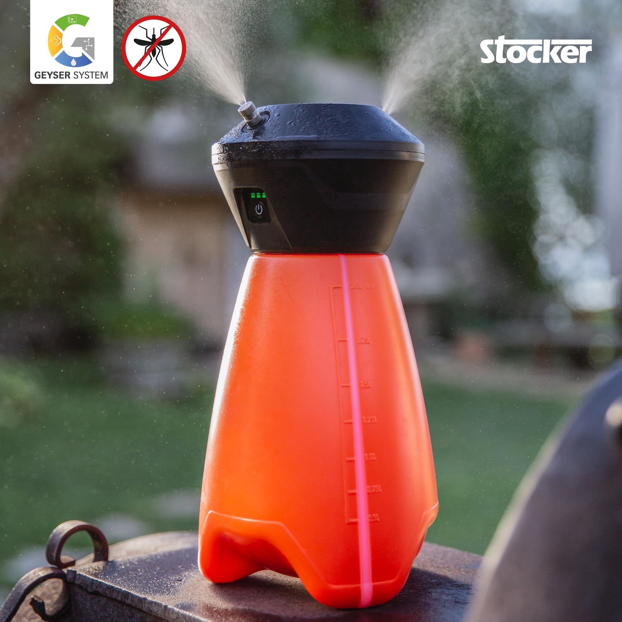 STOCKER - KIT Nebulizzatore Giardino Elettrico Geyser Compact - Geyser Mini 2 L con Batteria Li-Ion + Disabituanate Florifens + Kit Balcone Anti-Zanzare Estendibile Fino a 10 m