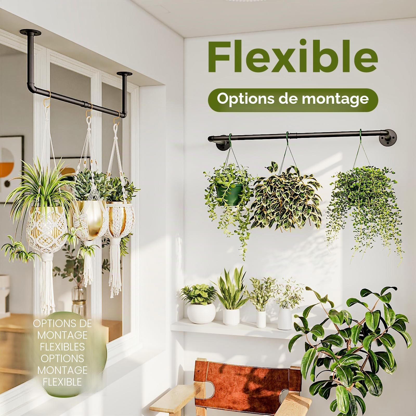 Bamworld Porte-Plantes Suspendues 92 cm Tringle Murale Métal