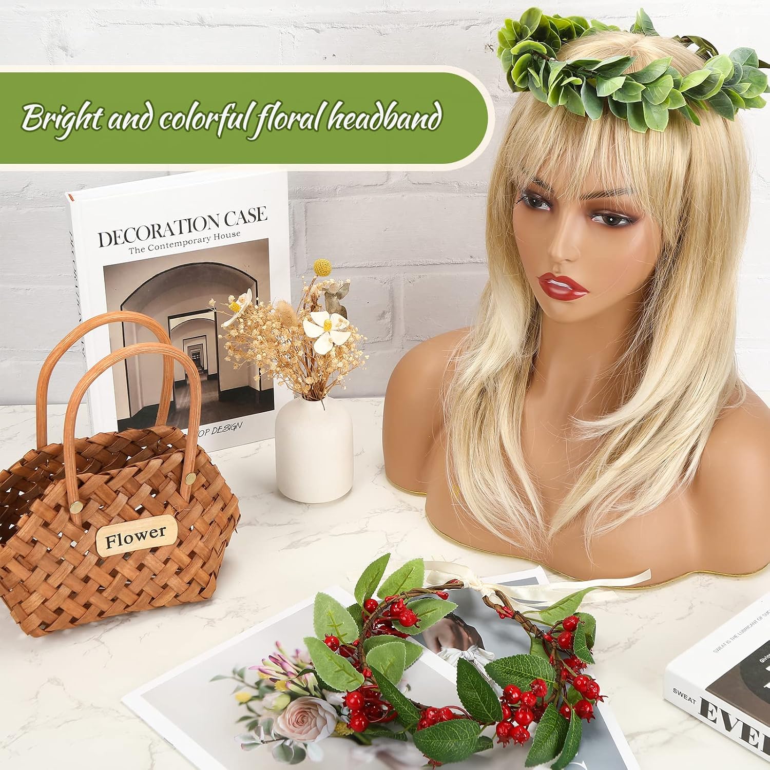 2 Pcs Christmas Flower Crown Hawaiian Headpiece for Women Berry Leaf Crown Boho Bridal Green Leaf Headpiece Artificial Berry Headband Beach Hair Wreath for Wedding Festival, 2 Styles