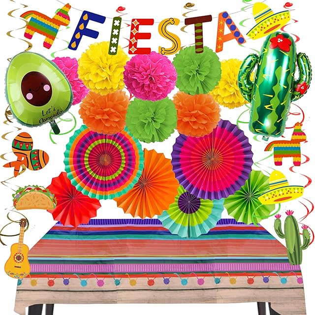 Recosis Fiesta Party Decorations, Multi-Colored Paper Fans Pom Poms Fiesta Banner Mexican Tablecloth Hanging Swirls Cactu Avocado Balloon for Mexican Fiesta Cinco De Mayo Taco Birthday Party Supplies