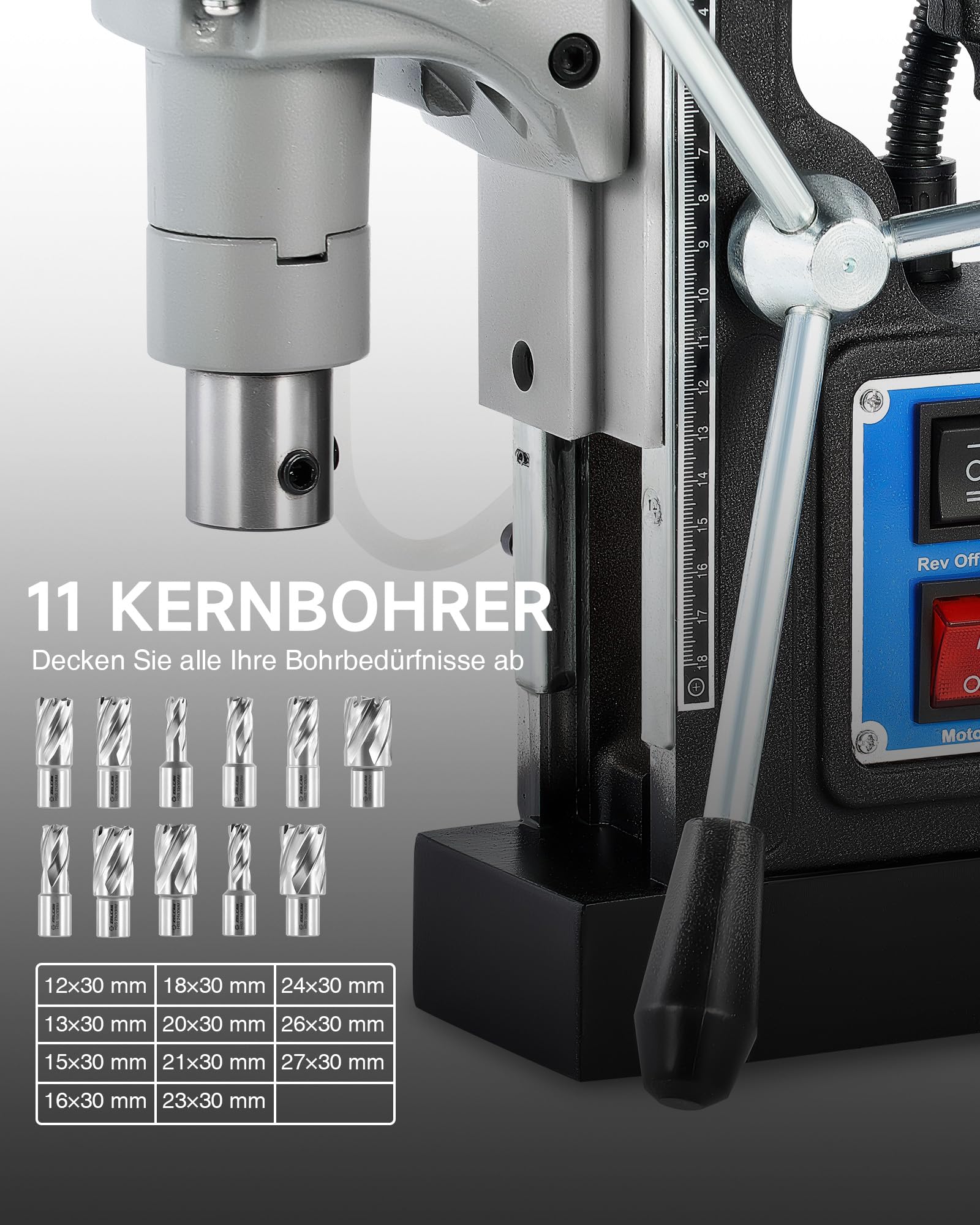 ZELCAN Magnetbohrmaschine 1550W Standbohrmaschine 11 Bohrer 13000N Tischbohrmaschine 580RPM Variable Geschwindigkeit 50mm Max. Durchmesser für Heimwerk Industrie Eisenbahn Schiffsbau, Höhenverstellbar