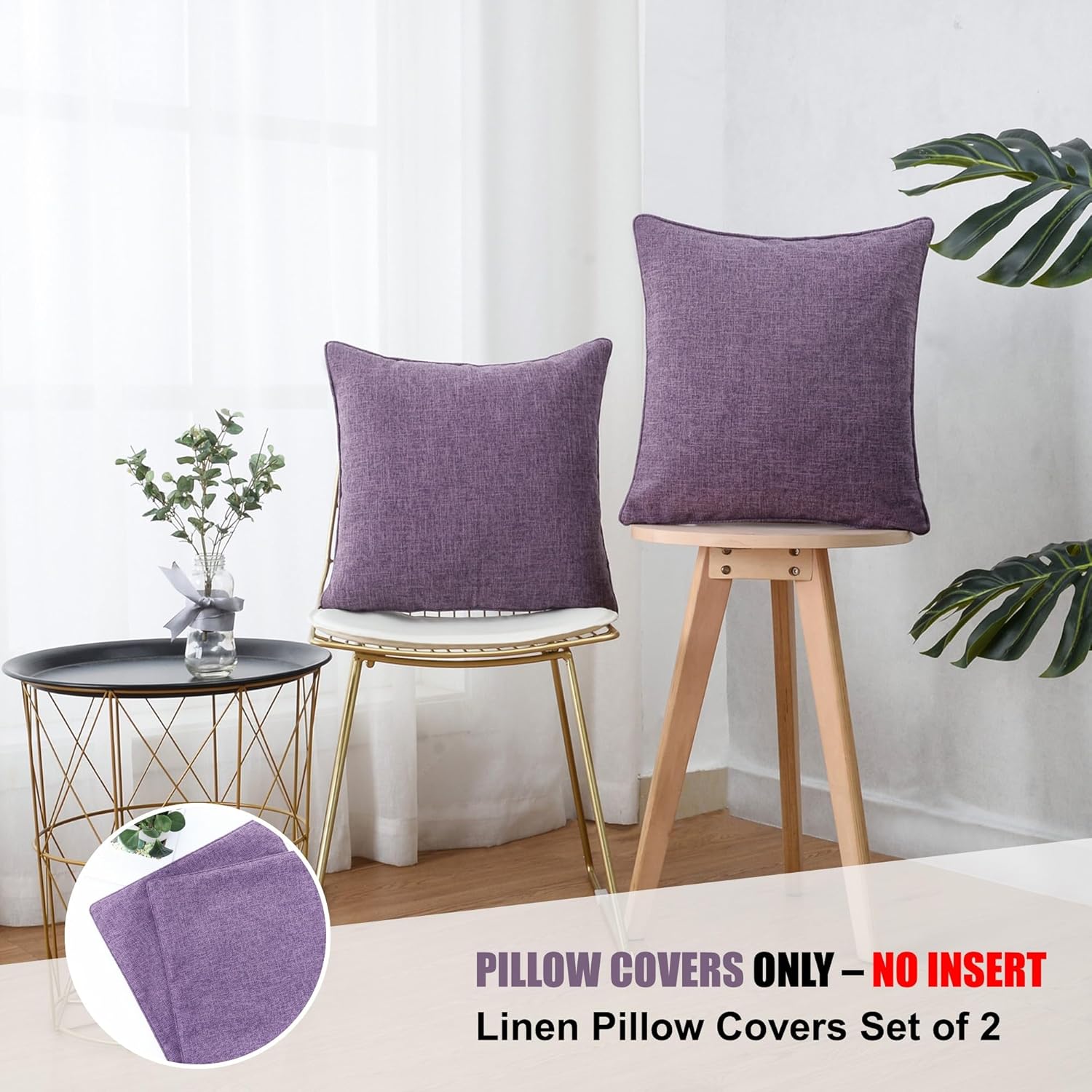 HPUK Linen Throw Pillow Covers Pack of 2, 18x18 Inch Accent Cushion Covers for Living Room, Bedroom, Decorative Solid Color Pillow Covers for Couch, Sofa, Chair, Lavender Mist - Image 3