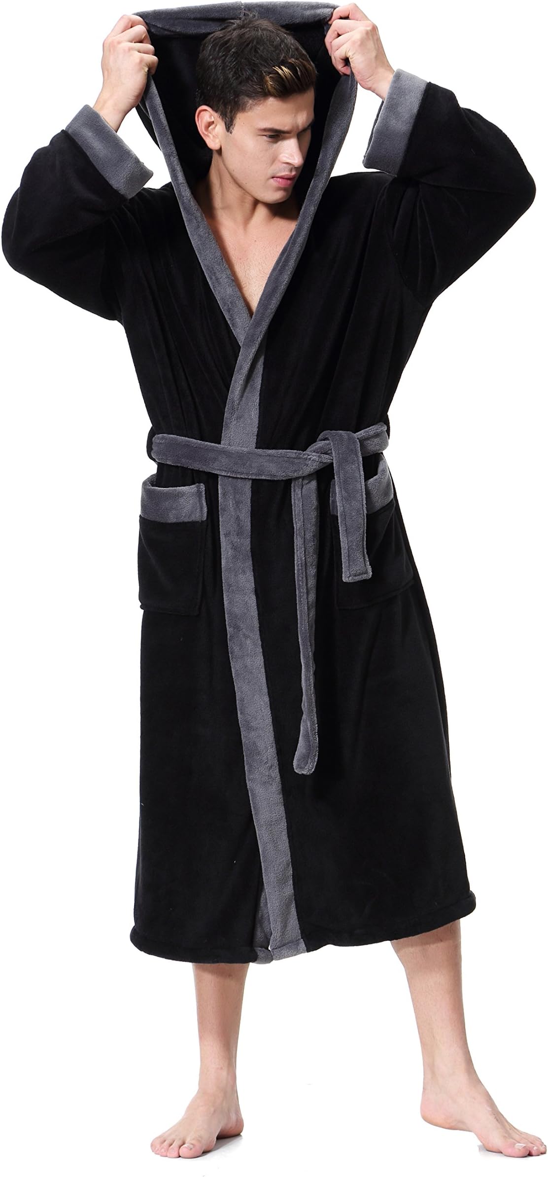 OUFANGMen's Hooded Bathrobe in 2 colored Soft Spa Kimono Shawl Collar Hooded Long Robe Unisex