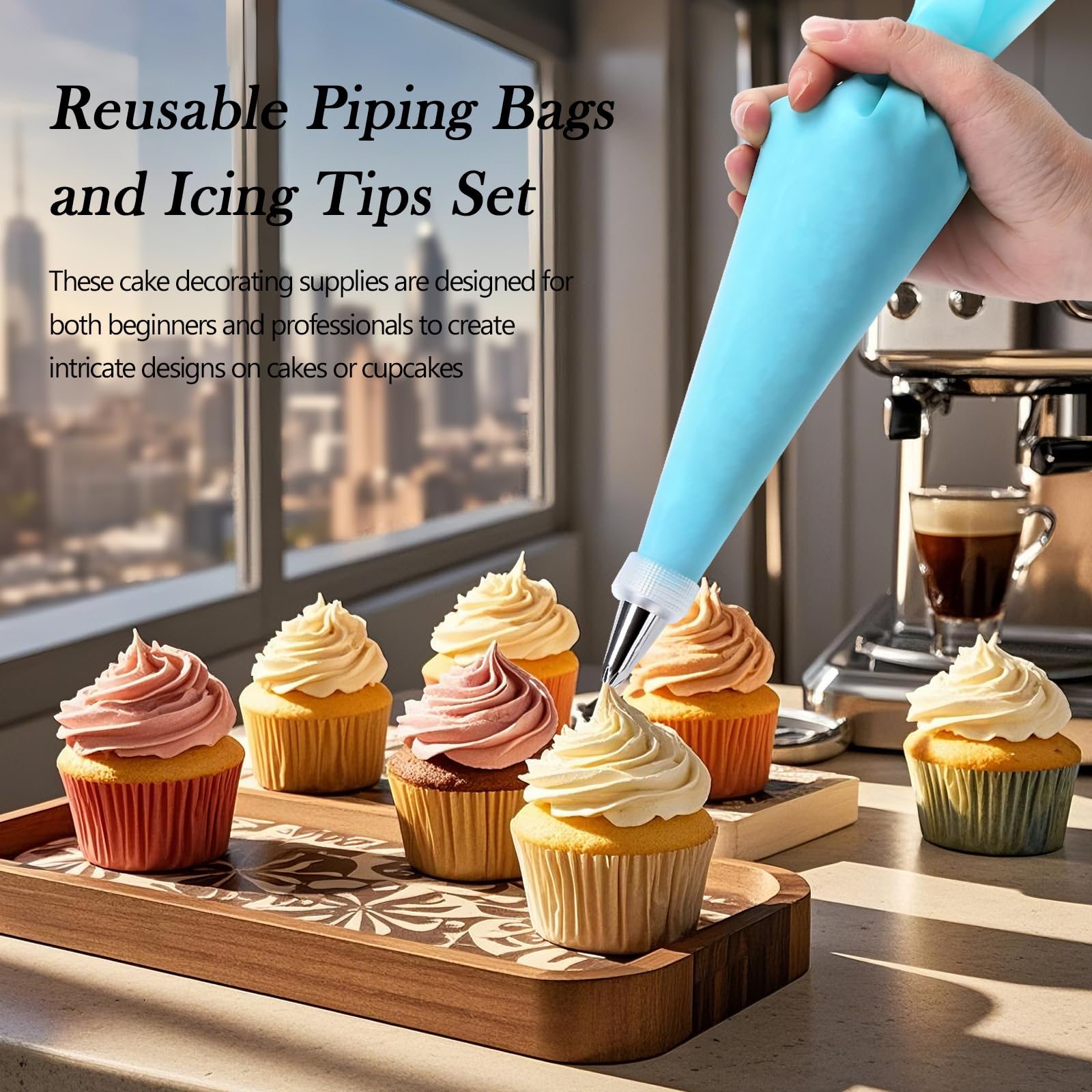 FATUXZ Piping Bags and Tips Set, Cake Decorating Kit with 2 Reusable Piping Bags, 24 Icing Tips, 2 Couplers, 3 Scrapers 2 Silicone Rings, Cupcake Decorating Kits Cake Piping Tips Frosting Piping Kit