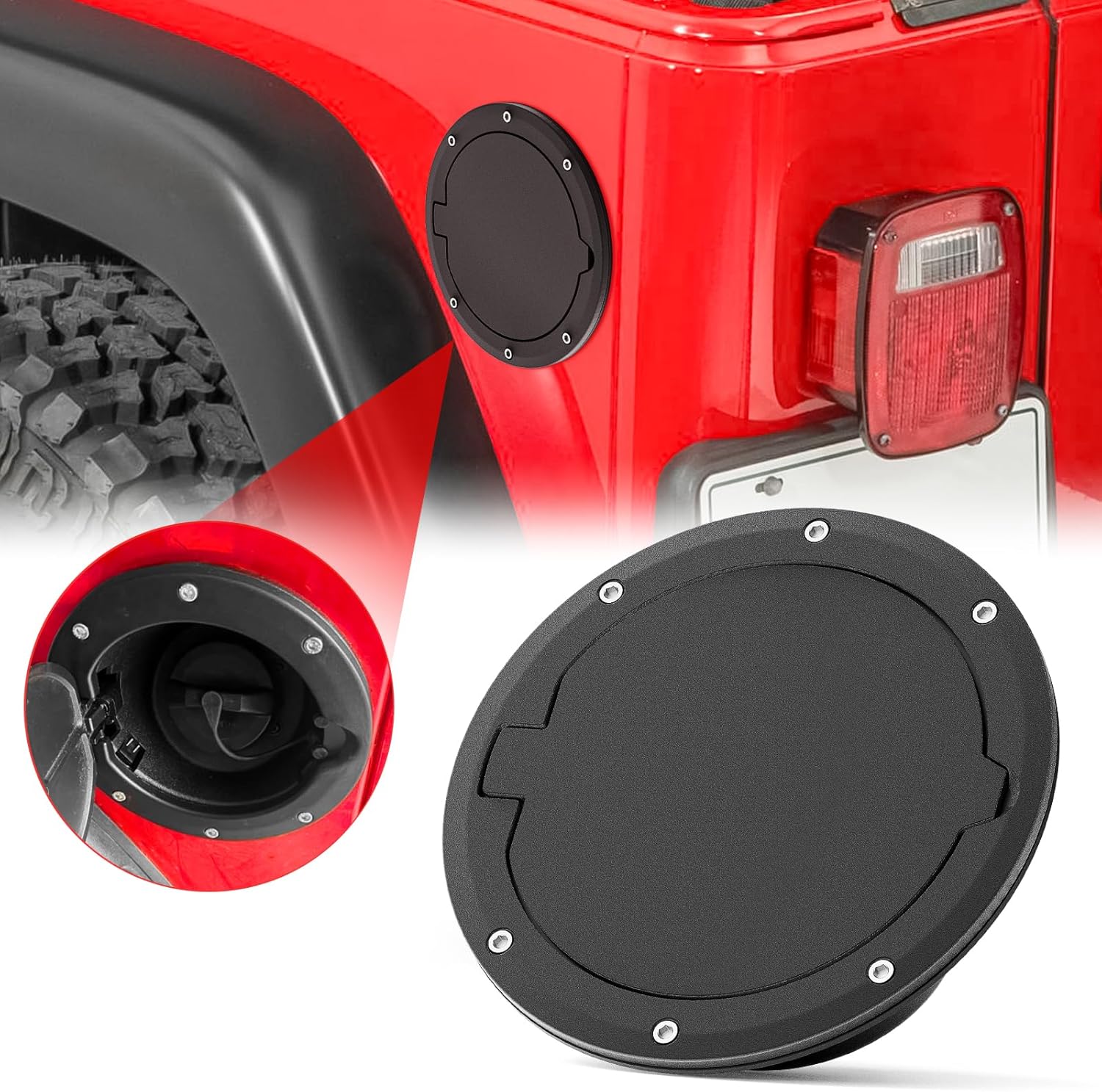 Aluminum Fuel Filler Door Gas Tank Cap Cover Compatible with 1997-2006 Wrangler TJ Accessories (Black)