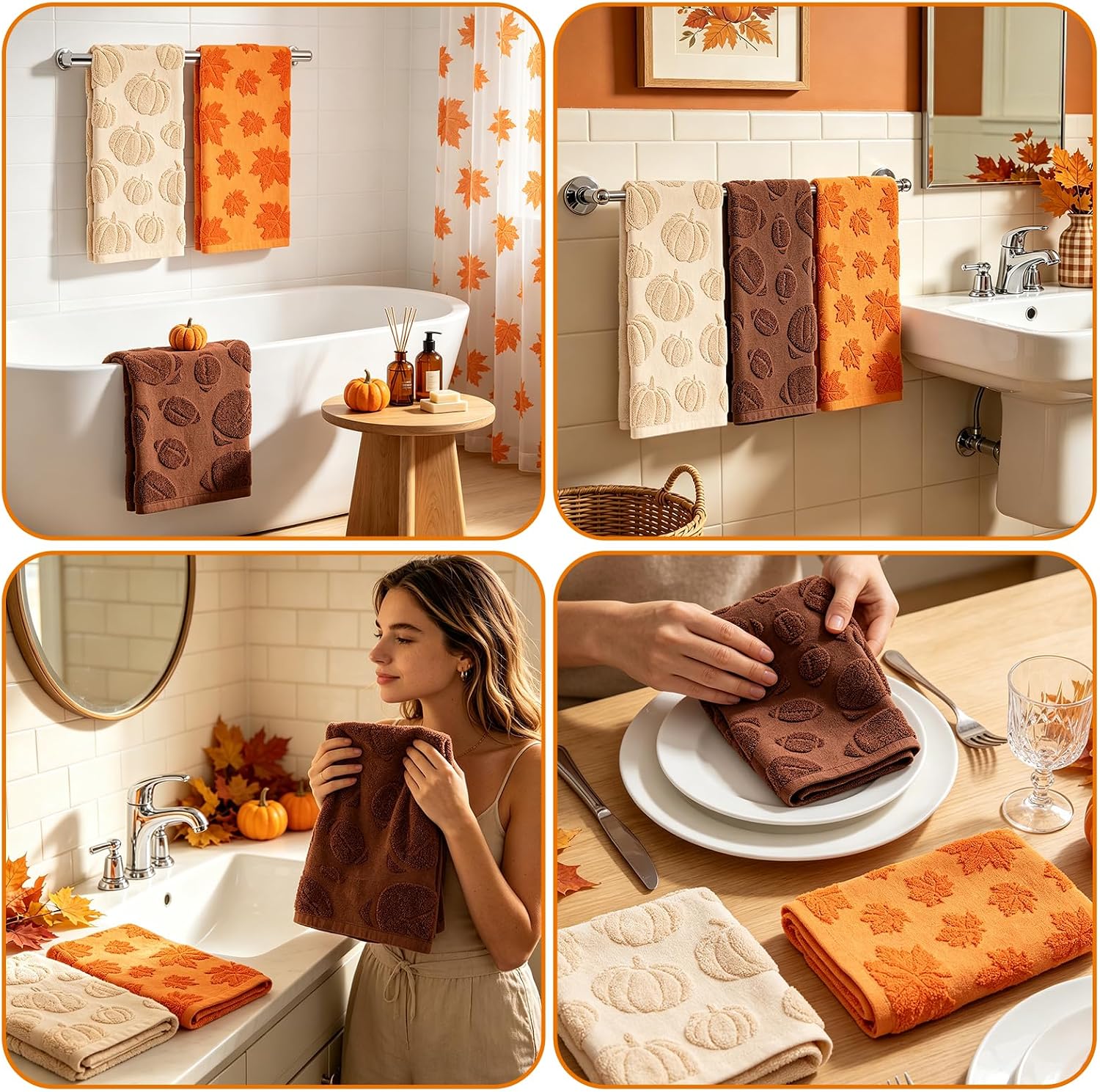 JarThenaAMCS 3Pcs Fall Football Hand Towels Pumpkin Maple Leaf Football 3D Jacquard Cotton Bath Towel Autumn Decorative Dish Towel for Thanksgiving Holiday Bathroom Kitchen Decor