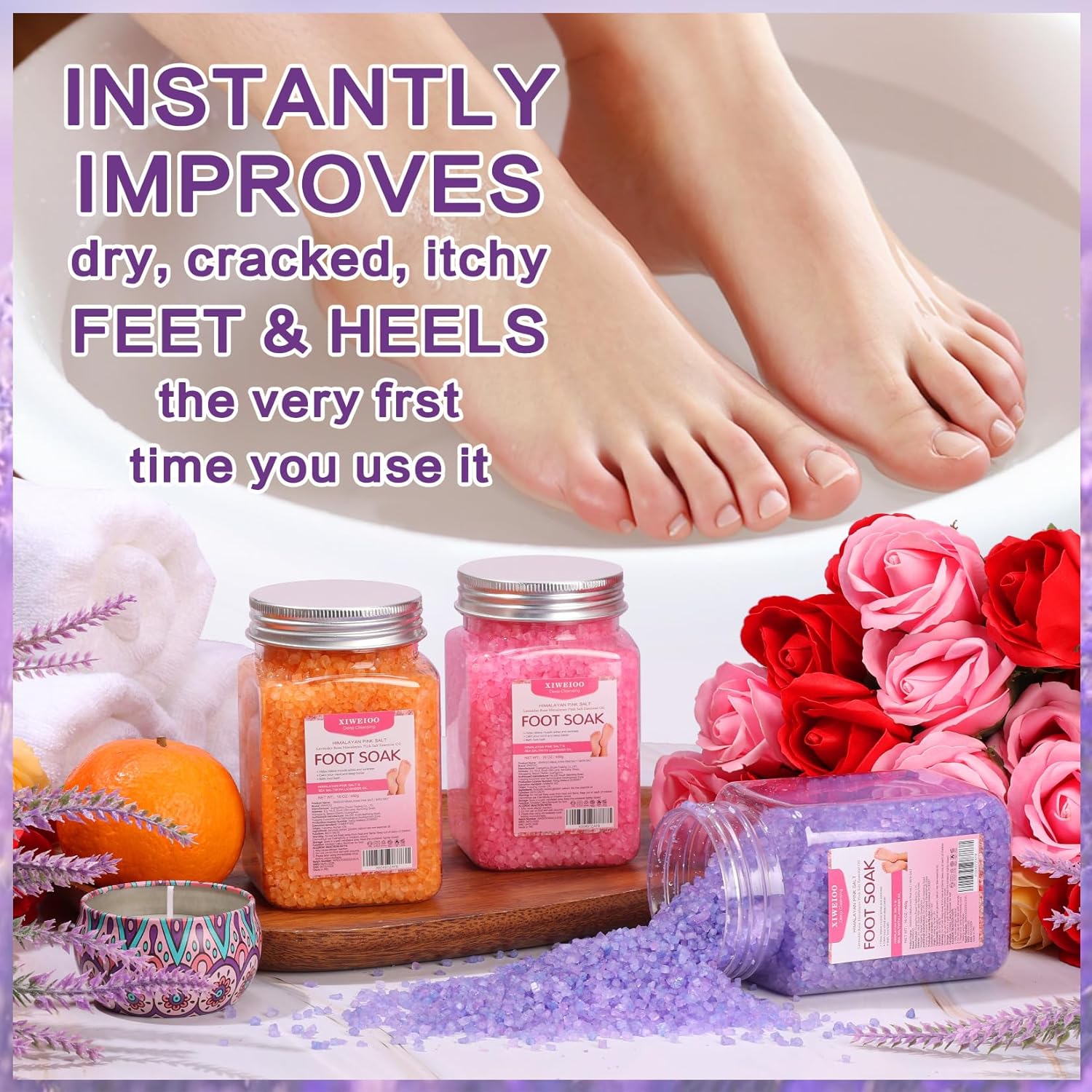 Himalayan Pink Salt Kit Pack of 2 Natural Foot Soak Salts Epsom Salt Essential Oils Lavender Orange Rose Scent Dead Sea Salt Moisturizing Skin Tea Tree Oil Care Christmas Gifts for Women - Image 4