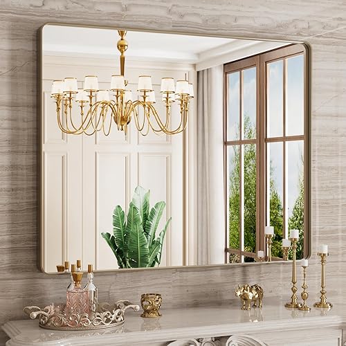 Miniatura 214 de Espejo de baño dorado, 48 x 30 pulgadas, espejo de marco de metal dorado cepillado para pared, espejo rectangular redondeado de tocador de baño