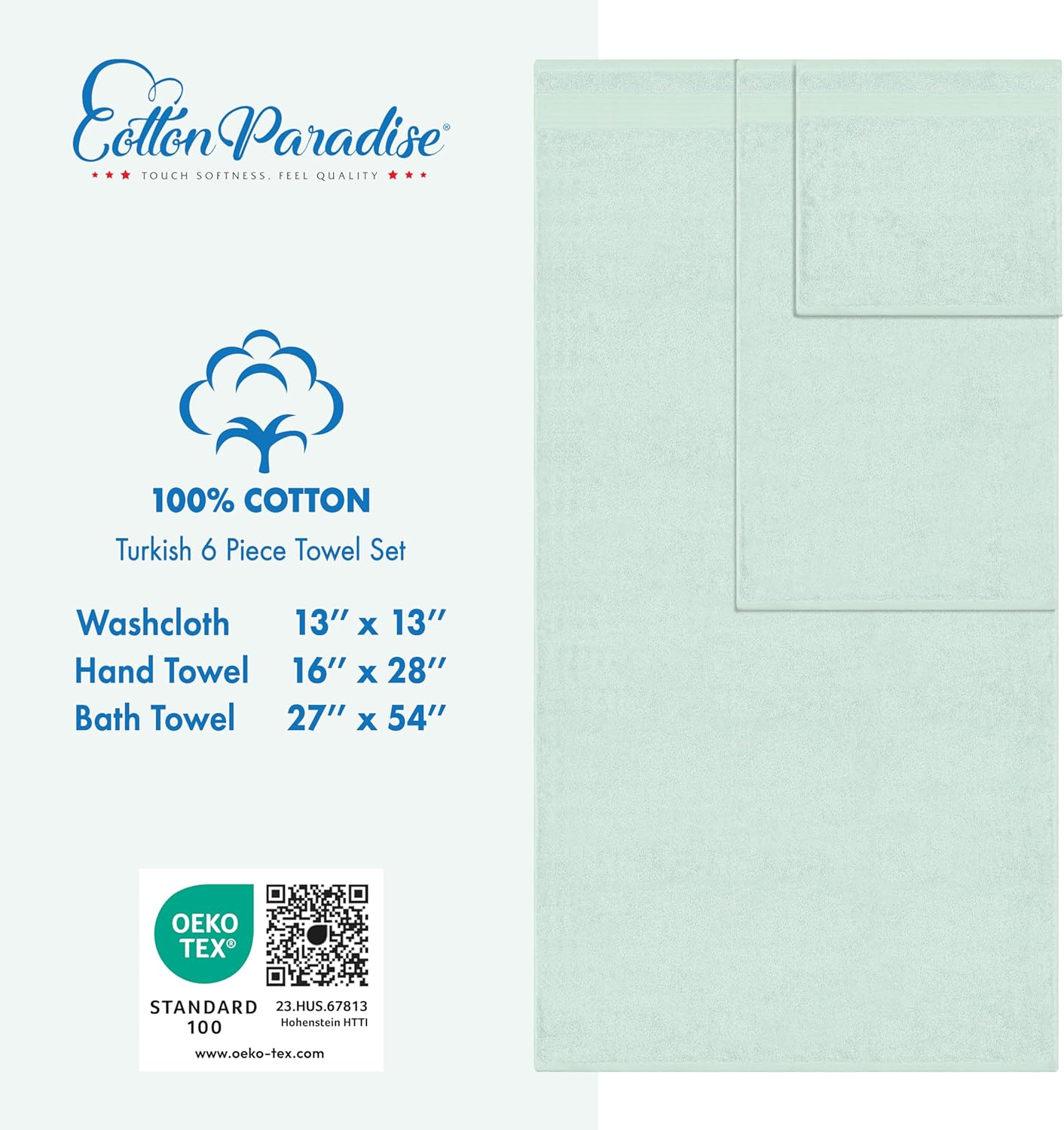 Cotton Paradise 6 Piece Towel Set, 100% Cotton Soft Absorbent Turkish Towels for Bathroom, 2 Bath Towels 2 Hand Towels 2 Washcloths, Mint Towel Set - Image 4