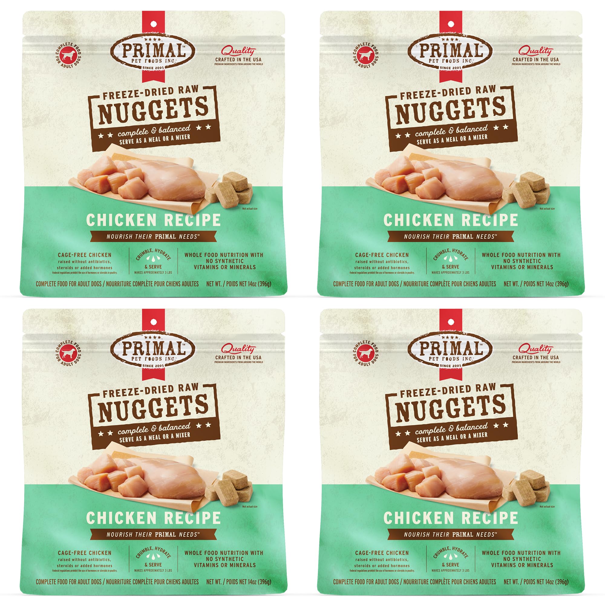 Primal Freeze Dried Raw Dog Food Nuggets, Chicken, 14 oz (4 Pack)