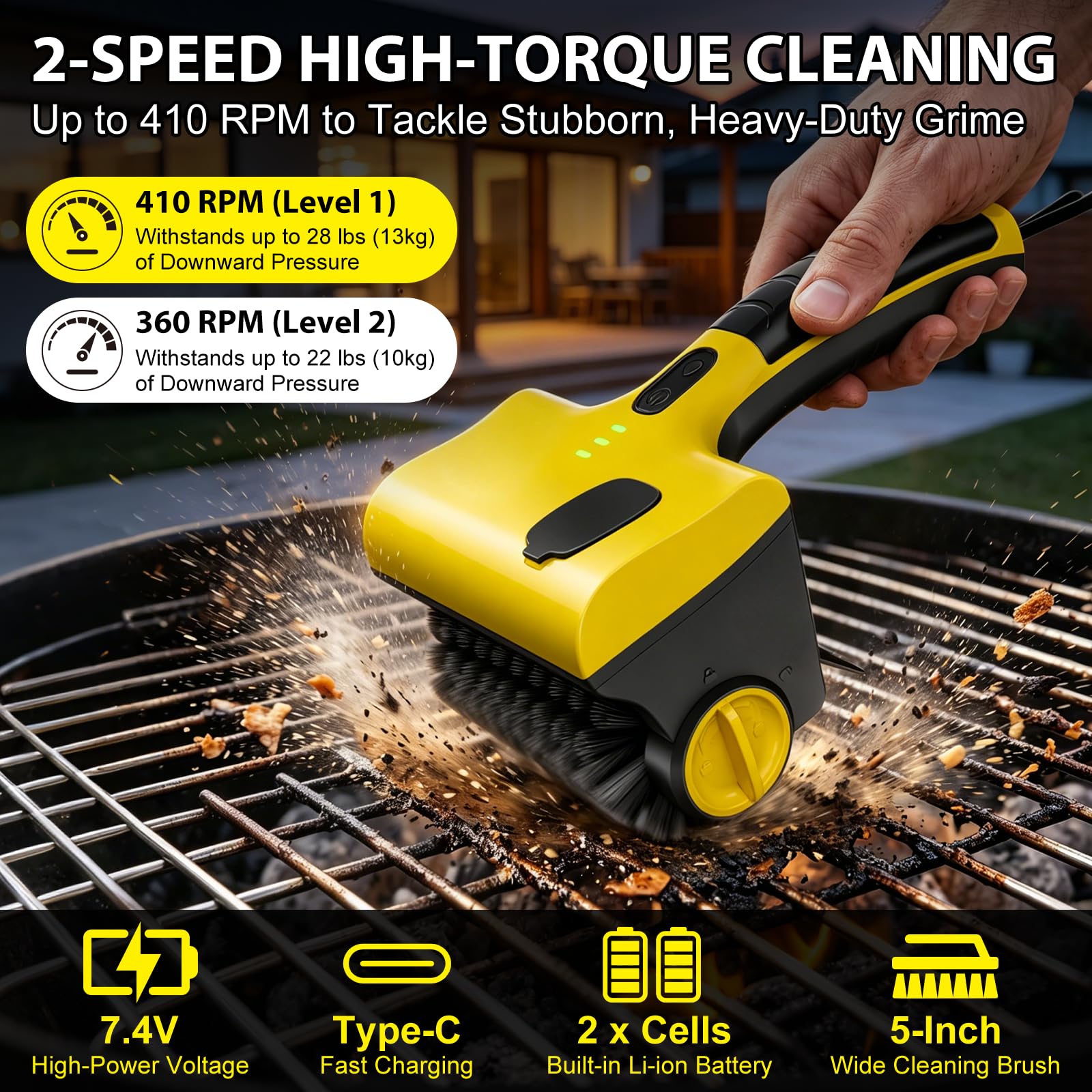 Spazzola elettrica per griglia da 7,4 V e raschietto con spray d'acqua, 12,7 kg, strumento per la pulizia del barbecue senza stallo, IPX7, impermeabile, per griglie in ghisa Weber, testa larga