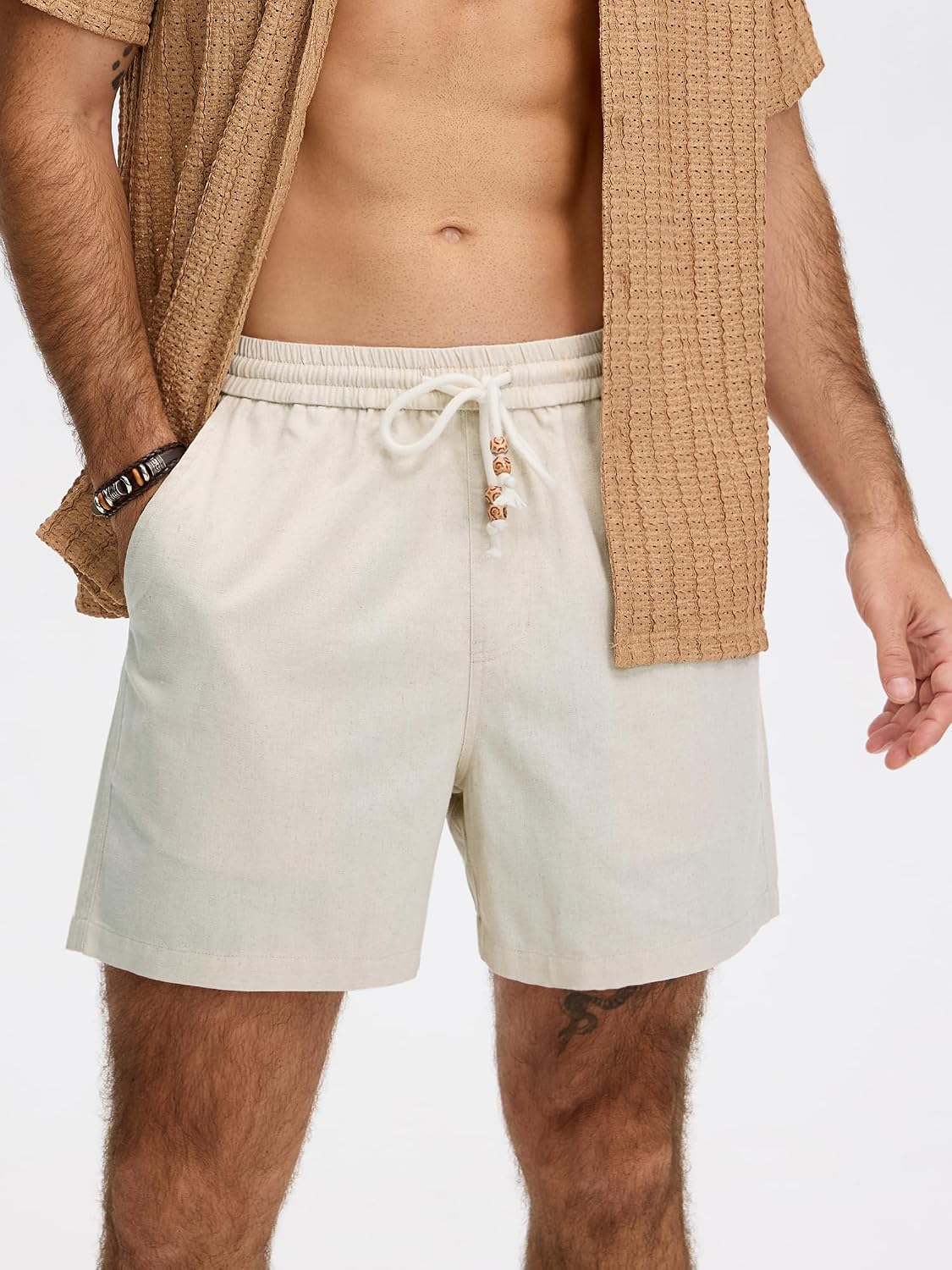 Comdecevis Men's 5" Linen Shorts Casual Elastic Waist Drawstring Shorts for Lounge Summer Beach Vacation