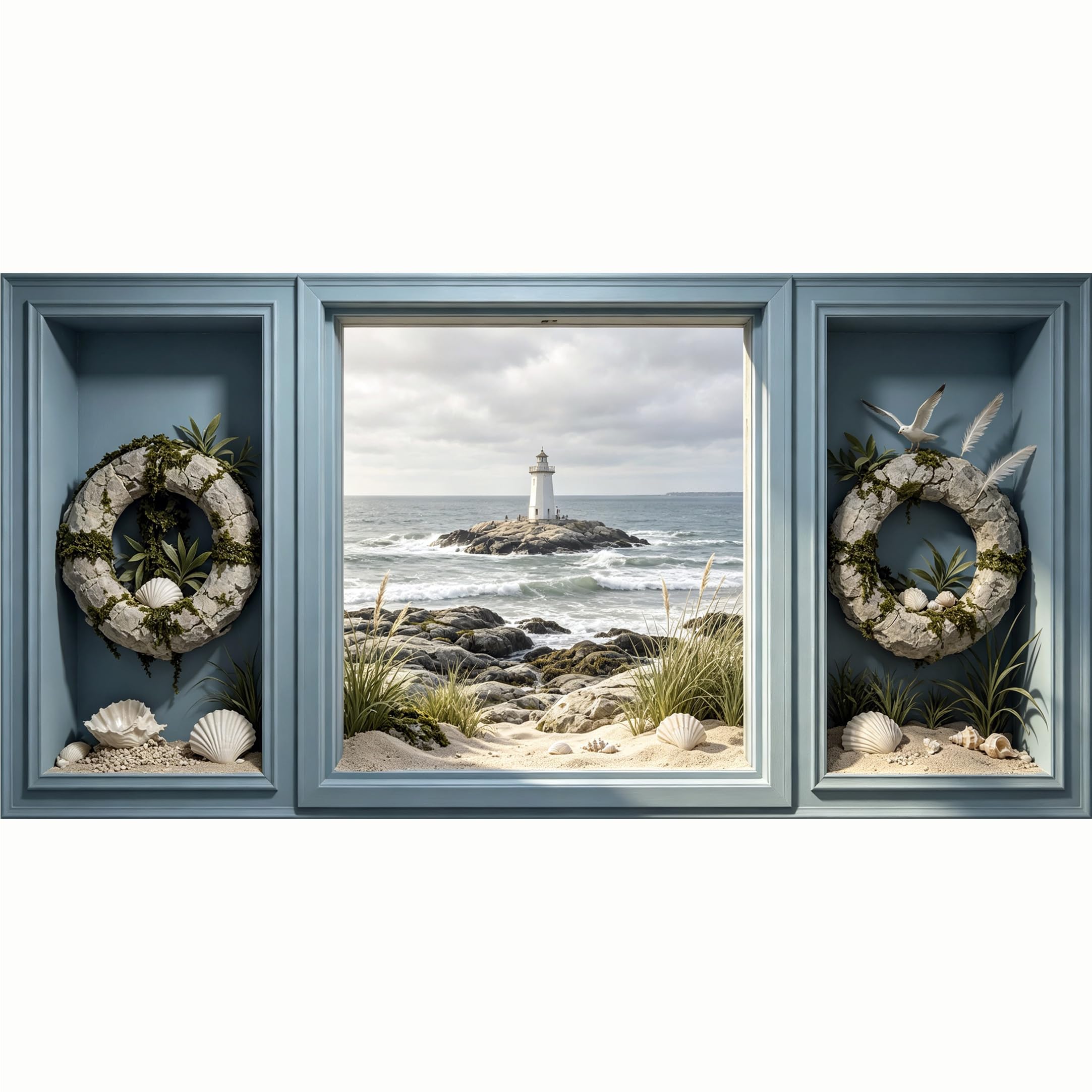 QZLITHOTIC 50x100cm 3D Framed Wall Art， Coastal Lighthouse Ocean View with Nautical Shells Self‑Adhesive Mural， Water‑Activated Peel & Stick Fabric Decor Wall Decal for Bedroom Living Room