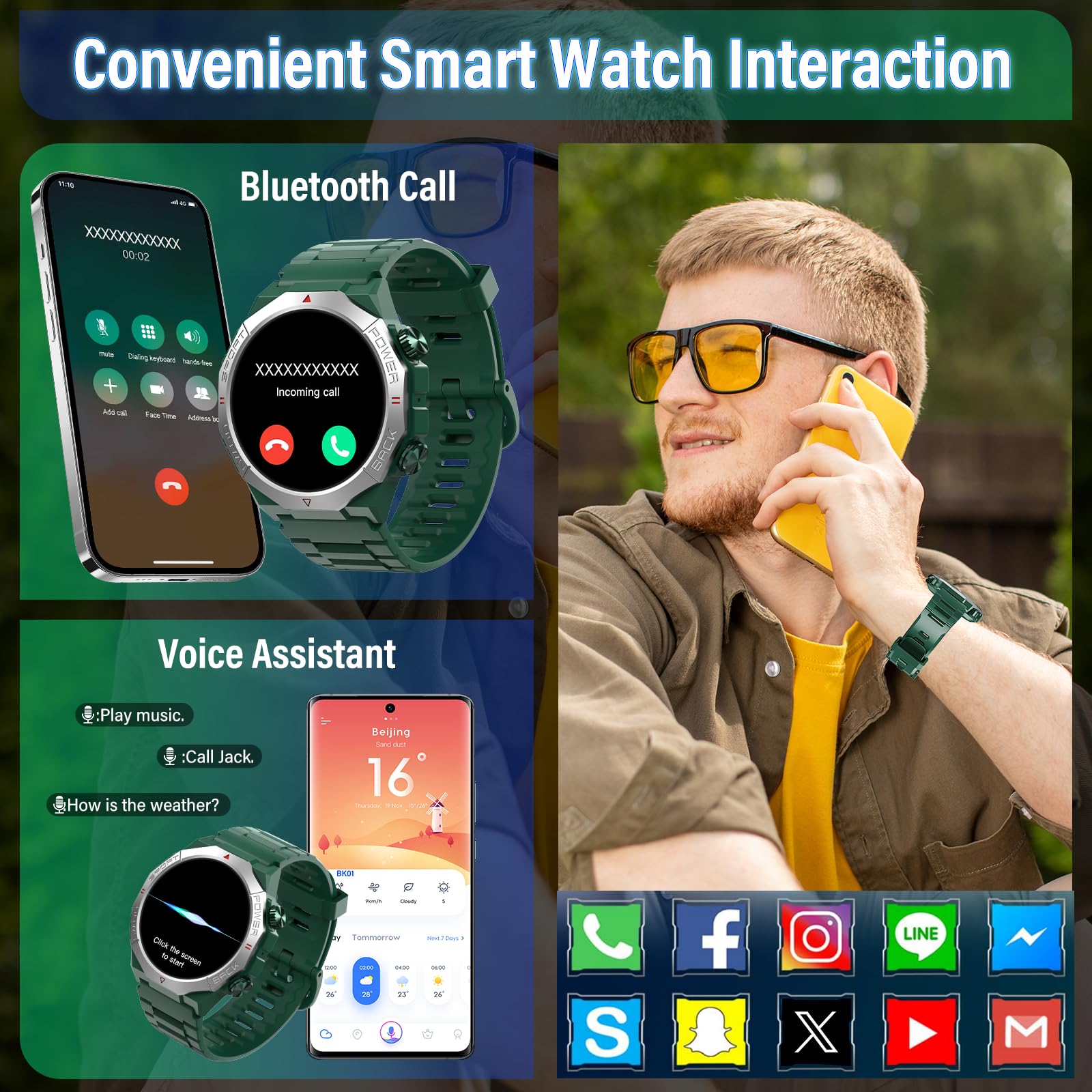 Smartwatch Uomo Militare, 1.39" HD Orologio Smart watch con Chiamate Bluetooth, Tracker Attività con Sonno/Cardiofrequenzimetro, 110+ Modalità Sportive, IP68 Impermeabile per Android iOS, Verde