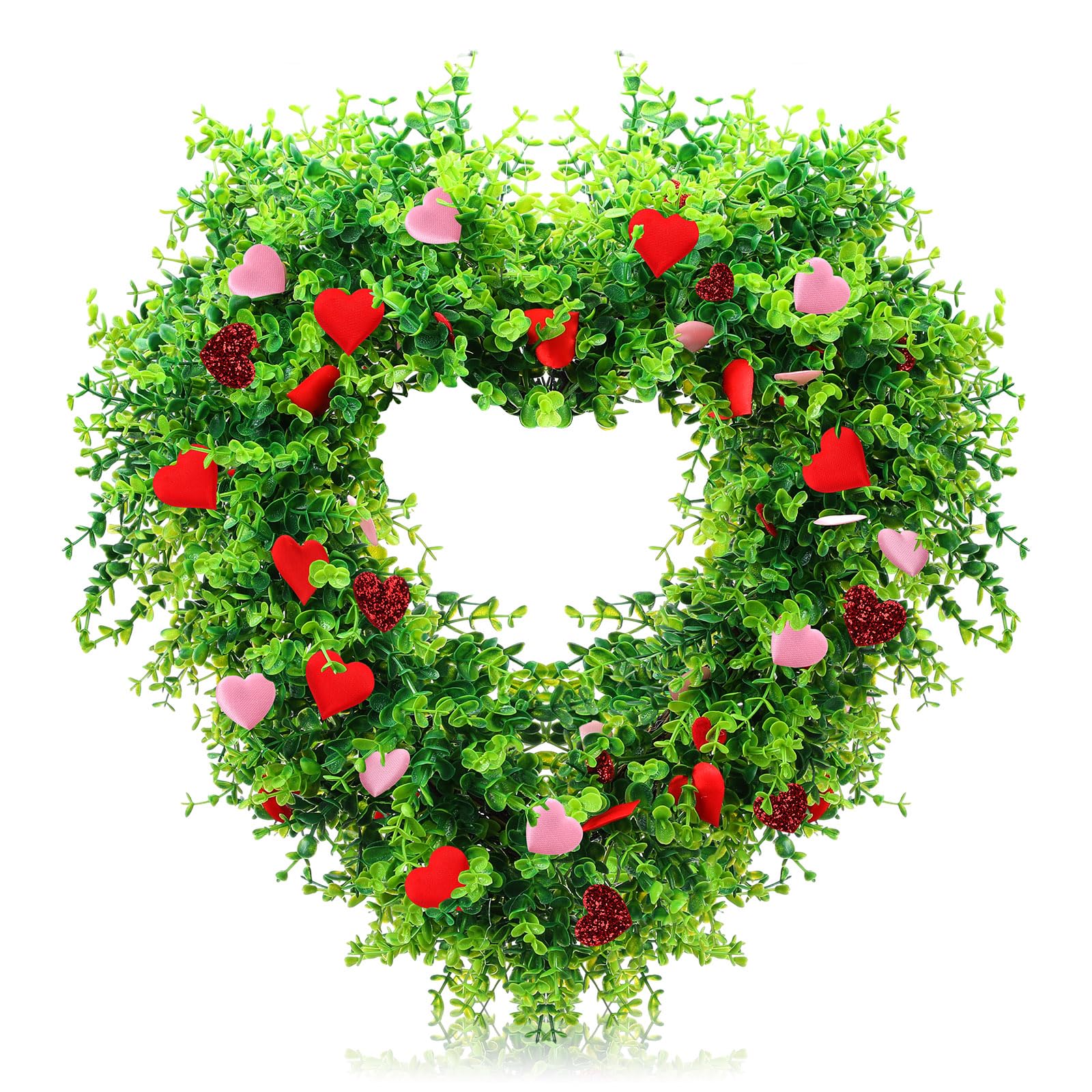 Sinmoe Valentines Day Wreath Valentine Wreath for Front Door Artificial Eucalyptus Wreath Spring Greenery Valentines Day Hanging Decorations Wreath for Window Wall Party Wedding, 16 Inch (Heart)