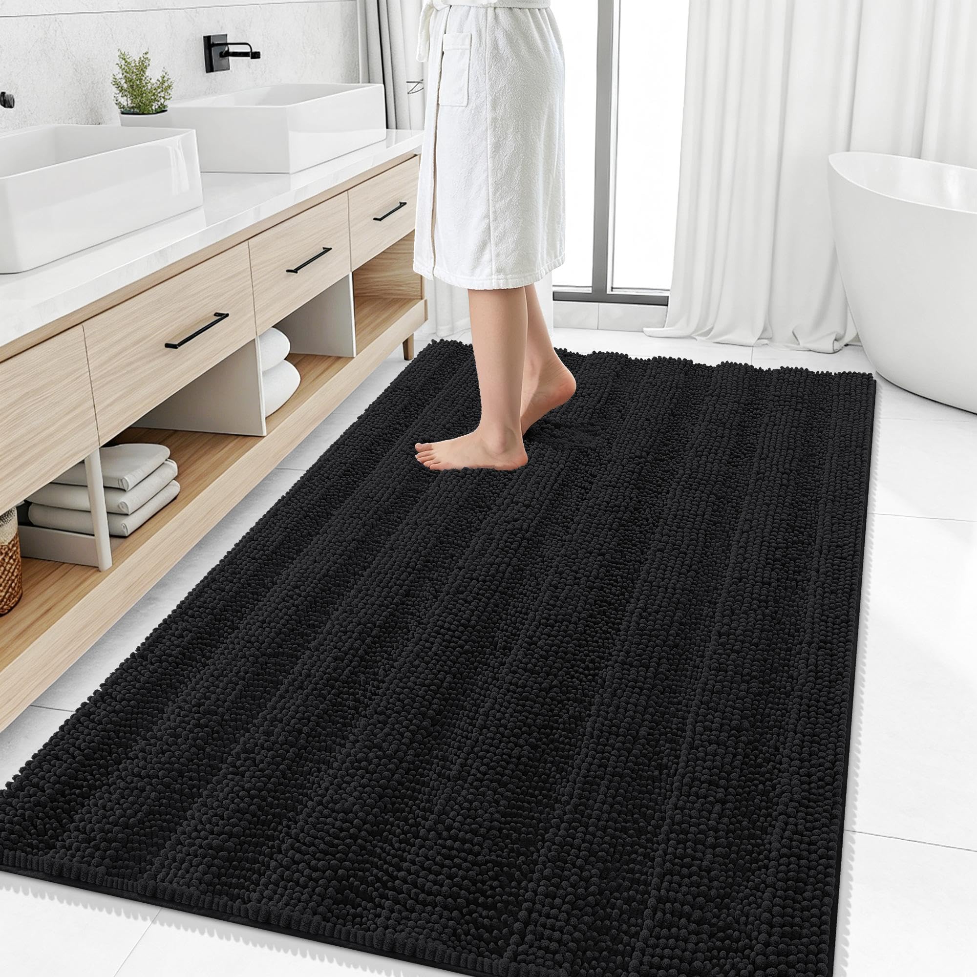 Smiry Thick Chenille Large Bathroom Runner Rugs 50x30, Soft Bath Mat, Black