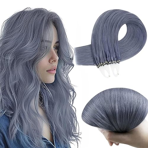 RUNATURE Extensiones de cabello humano con microcuentas de color azul neblina Remy microanillo extensiones de cabello humano lacio azul neblina