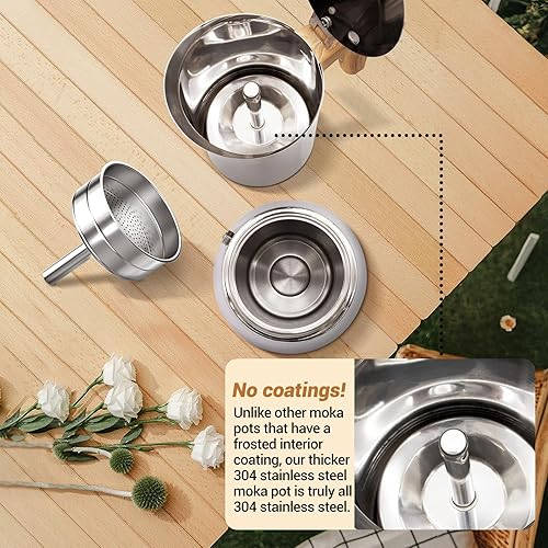 Miniatura 6 de Cafetera de café expreso de acero inoxidable 304, sin revestimiento, 6 tazas, 10.1 fl oz, 10.1 onzas, color moca, greca, cubano, ideal para hacer un