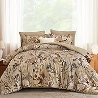Luxudecor 7-Piece Queen Comforter Set Khaki Floral Bedding - Soft Microfiber All-Season Bed in a Bag 90x90