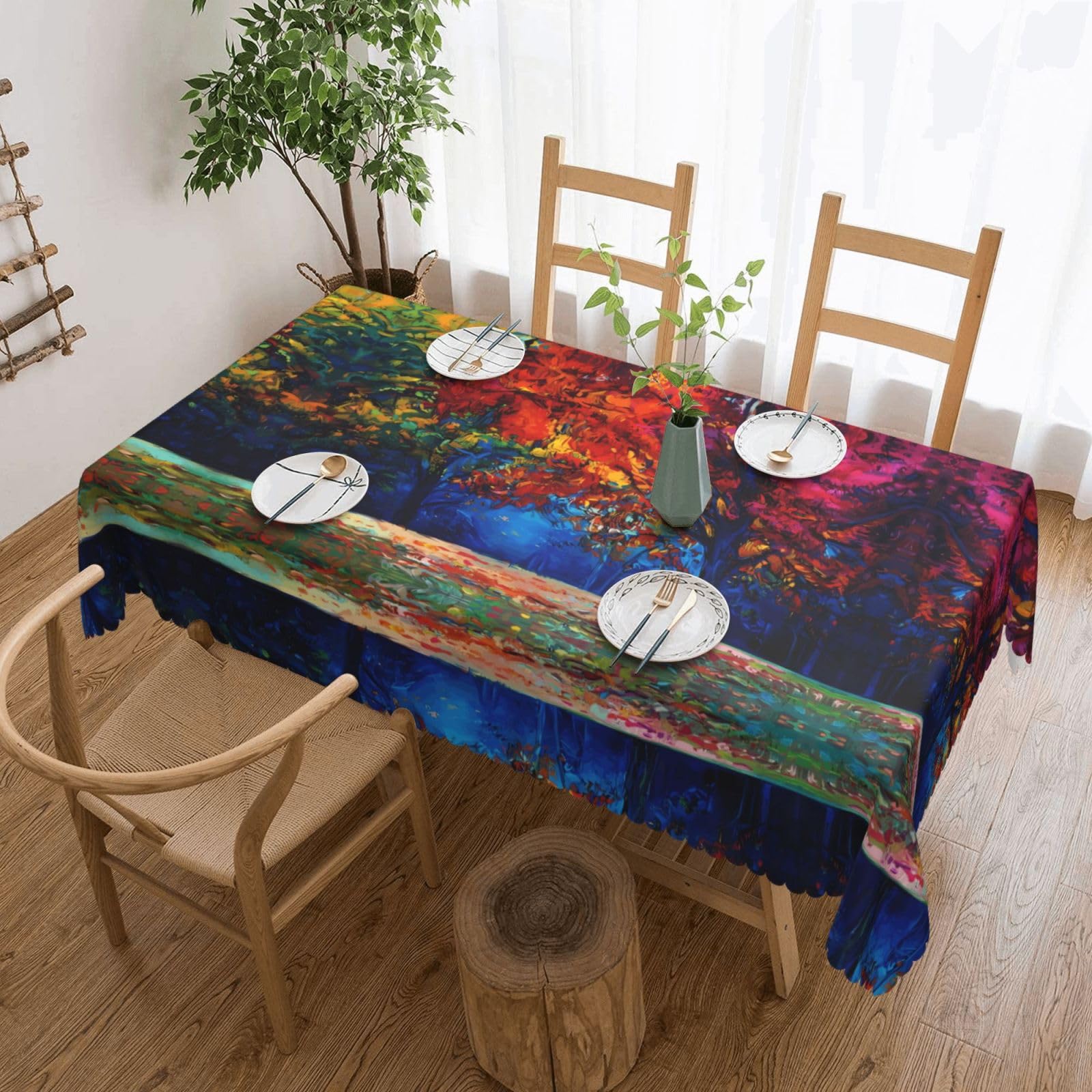 HLSBSSL Abstract Colorful Trees Patterned square lace tablecloth, wrinkle-resistant and durable, suitable for dining tables, parties, etc.