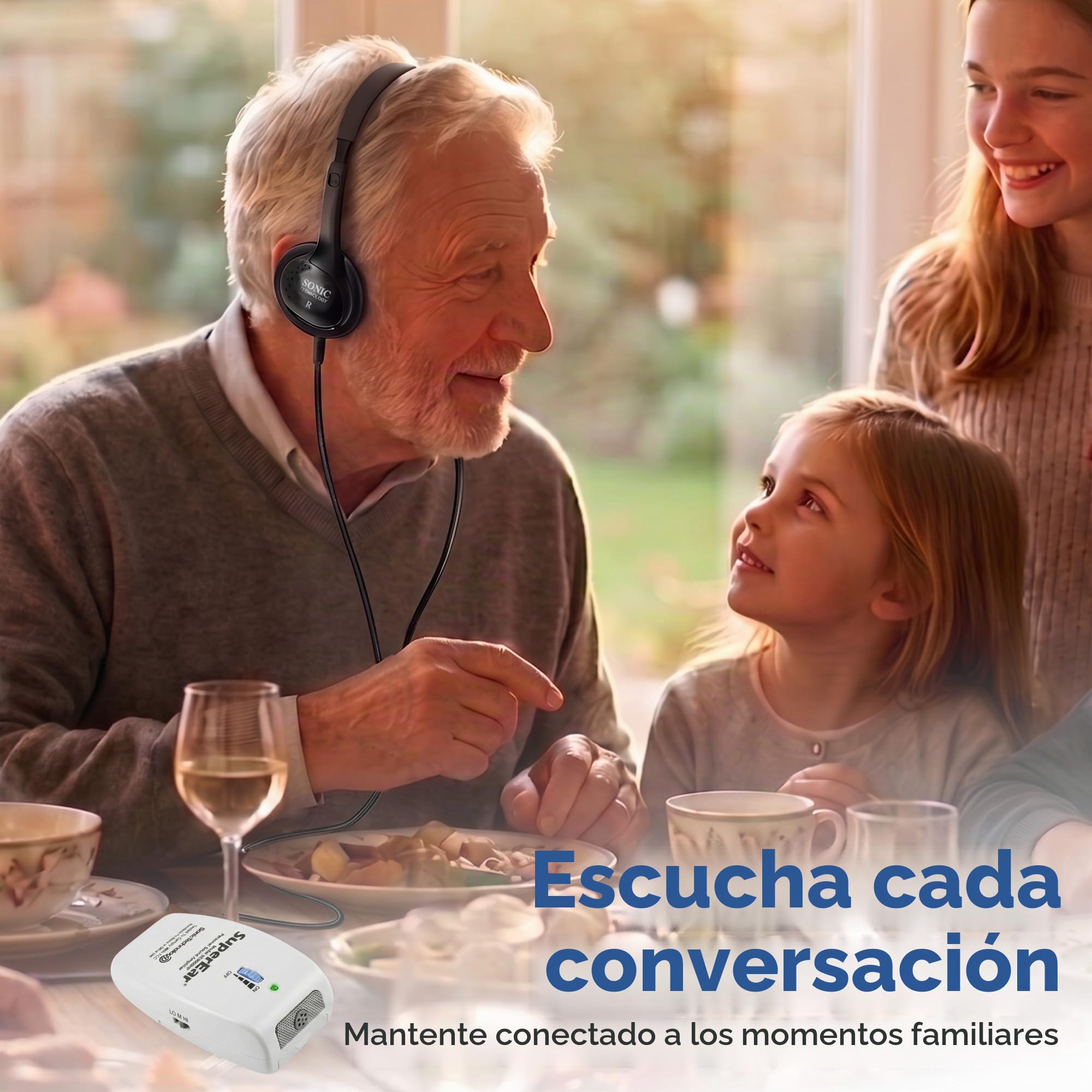 SuperEar Amplificador de sonido recargable sistema completo con auriculares y auriculares aumenta el sonido 50 dB, la selección de frecuencia de 3 tonos facilita la evaluación