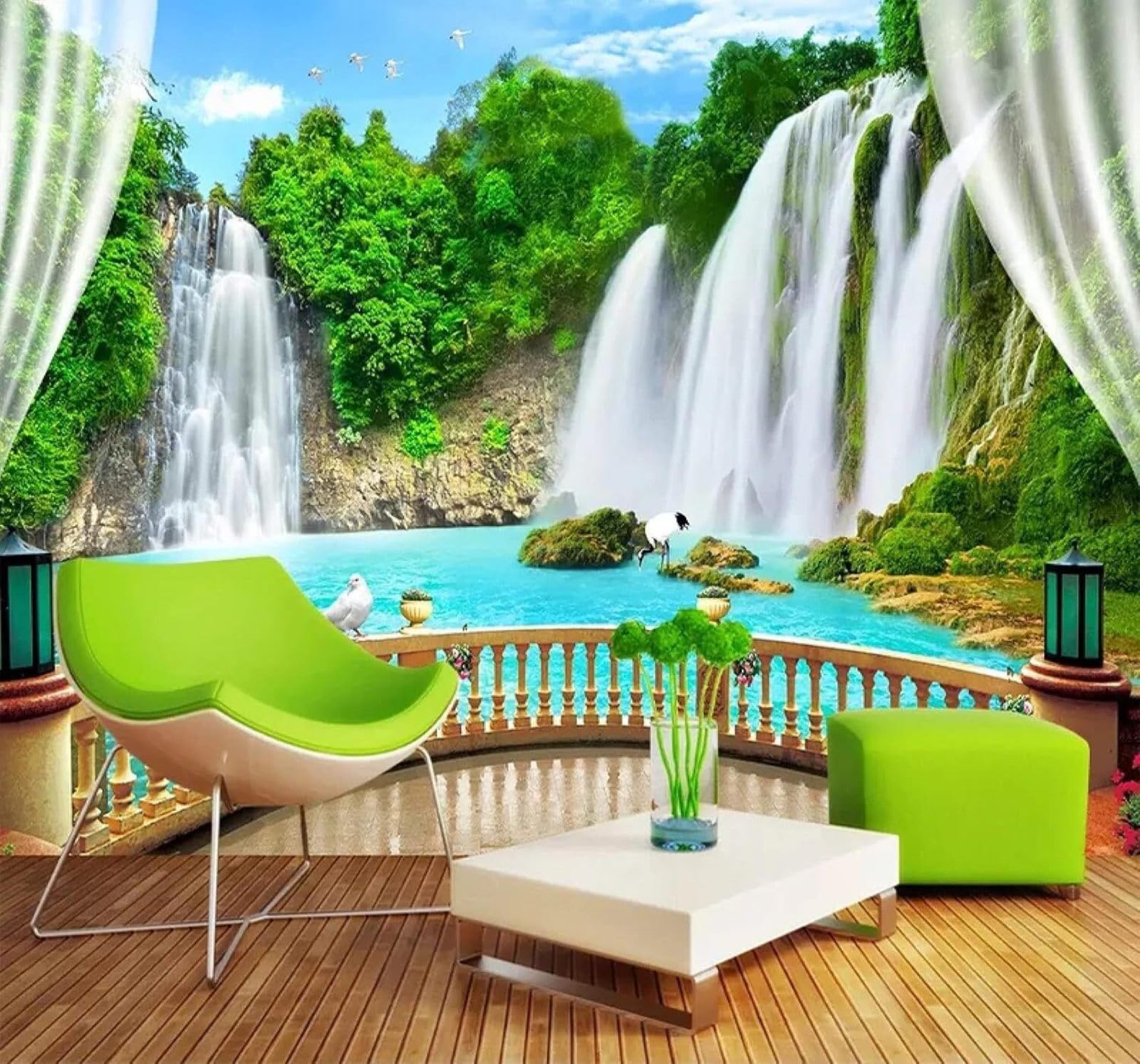 XLMING Fresh Green Landscape Waterfall Natural Scenery 3D Wallpaper Premium Textured Silk Study Dining Living Room Bedroom Sofa TV Wall Easy Install-200cm×140cm