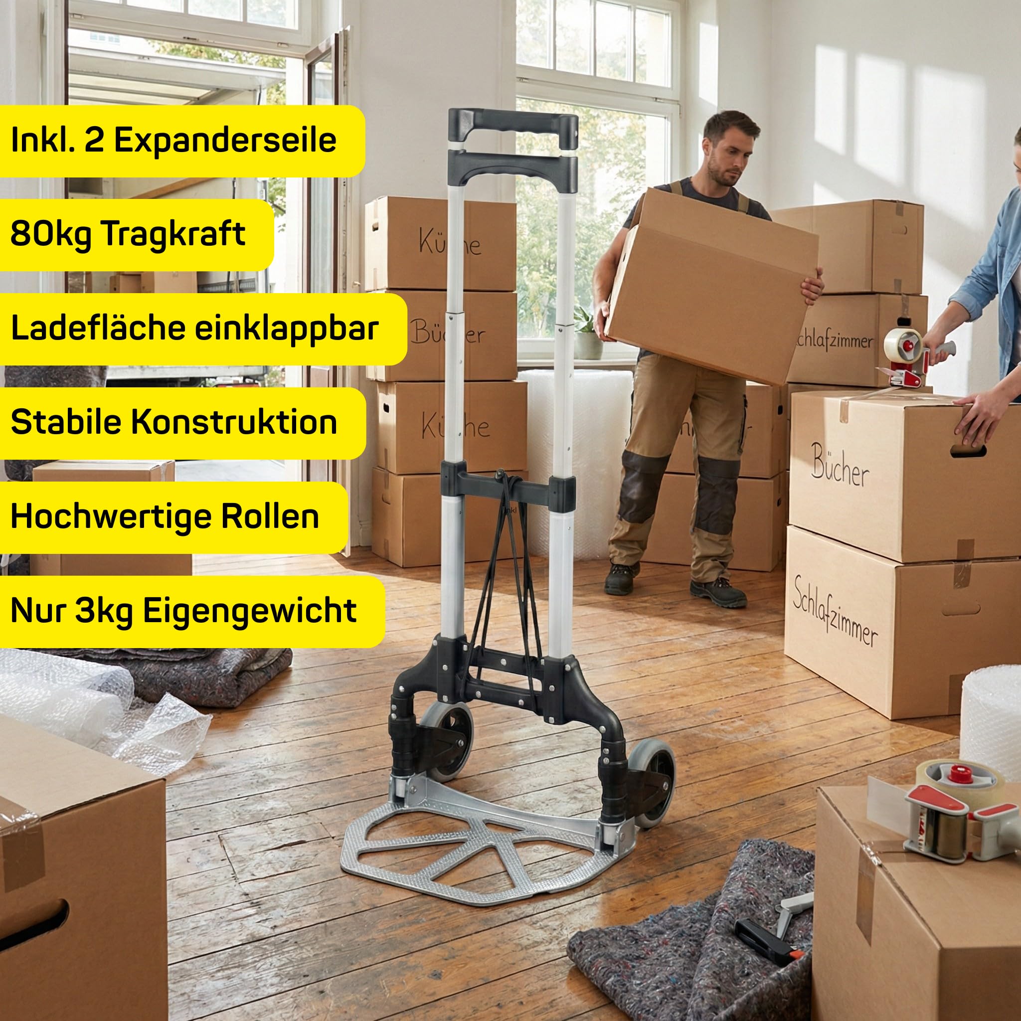 Sackkarre Klappbar, Transportwagen aus Aluminium mit 2 Expander | Transportkarre bis 80kg belastbar mit stabilen Reifen, Transporthilfe für Getränkekisten, Klappsackkarre