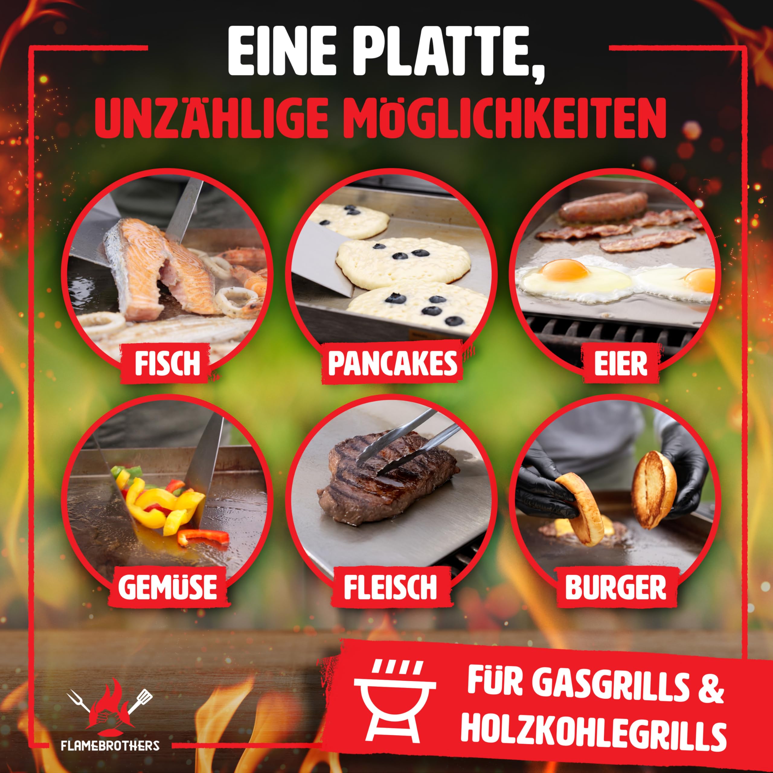 Plancha Grillplatte - All In Grillzubehör Set mit Grillspachtel & Grillschaber - 4mm rostfreier Edelstahl [40 x 30cm] - Grill Platte für Gas- & Kohlegrill - auslaufsichere Ecken für sauberen Grill