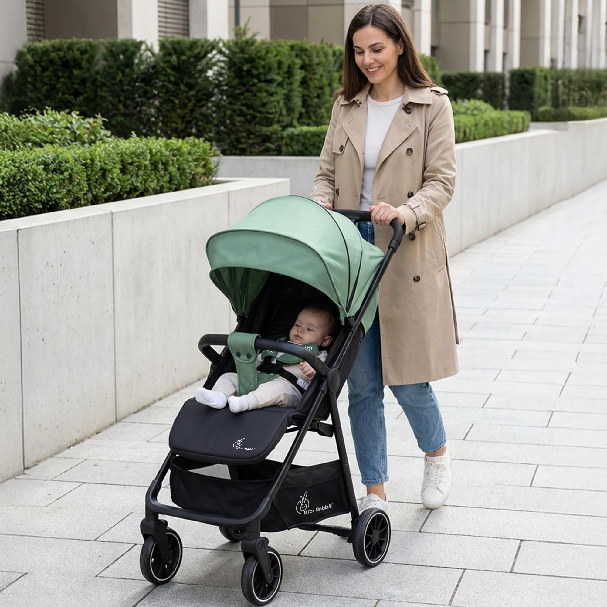 R for Rabbit Poppins Neo Baby Stroller/Pram for 0-3 Years Newborn Kid | Foldable Design with 5-Point Safety Harness, Cushioned Seat, Smooth Suspension & Linked Brakes, 360° Swivel Wheel (Olive Green)-image-45