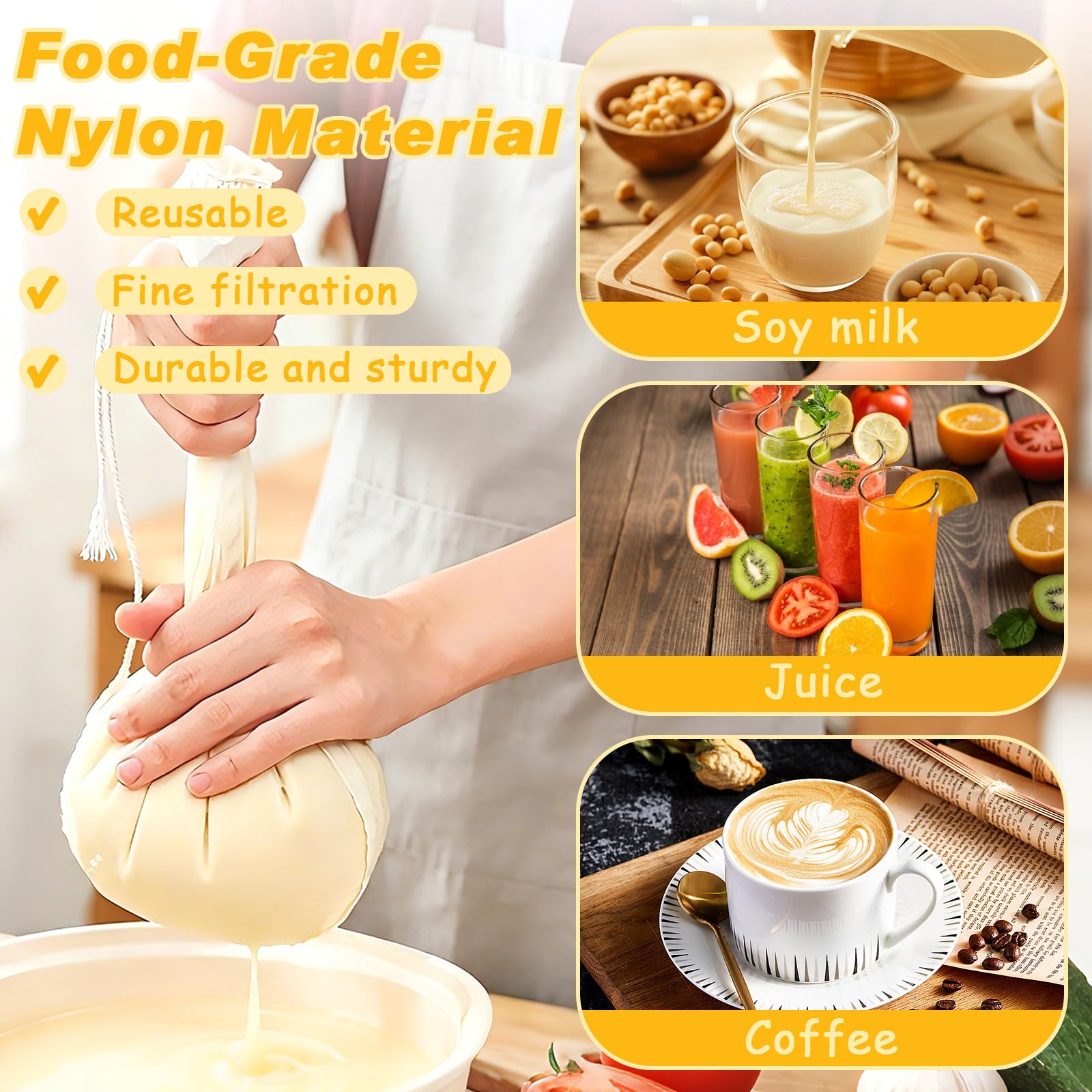 3 Piezas Tamiz Bolsas de Leche de Nuez, Colador de Yogur de Nailon, 28 x 30 cm, Filtro de Alimentos, Malla Fina para Queso, Jugo, Leche y Vegetales