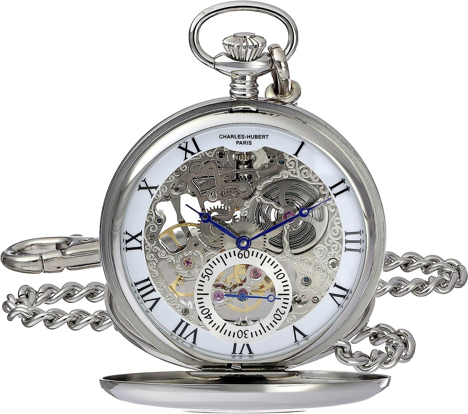 Charles Hubert 3972-W Men's Pocket Watch, Mechanical Hand Winding, Skeleton, Silver