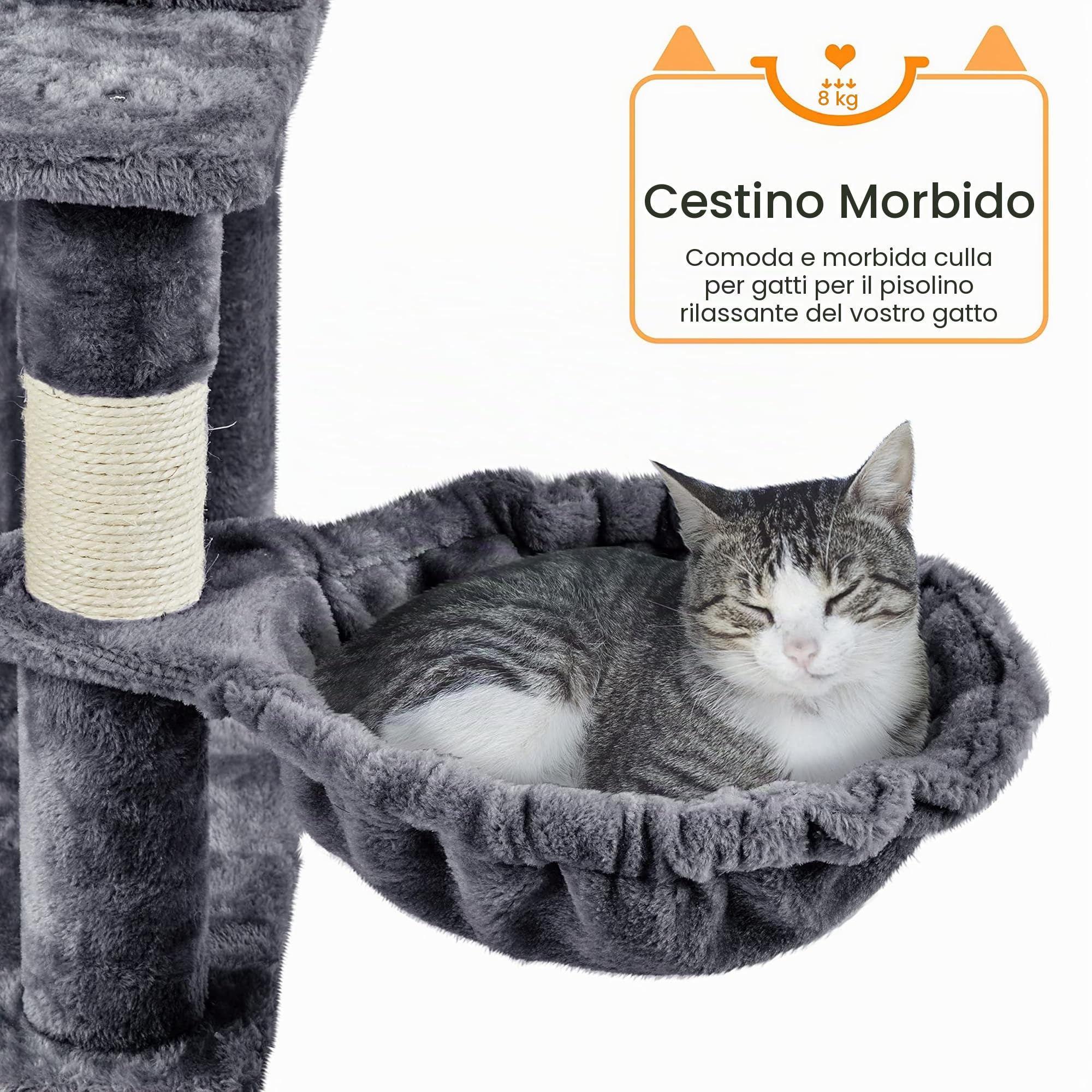 Yaheetech Albero Tiragraffi per Gatti 174,5 cm in Truciolato e Corda in Sisal con Condomini Posatoi e Ceste e Pisolini Grigio Scuro