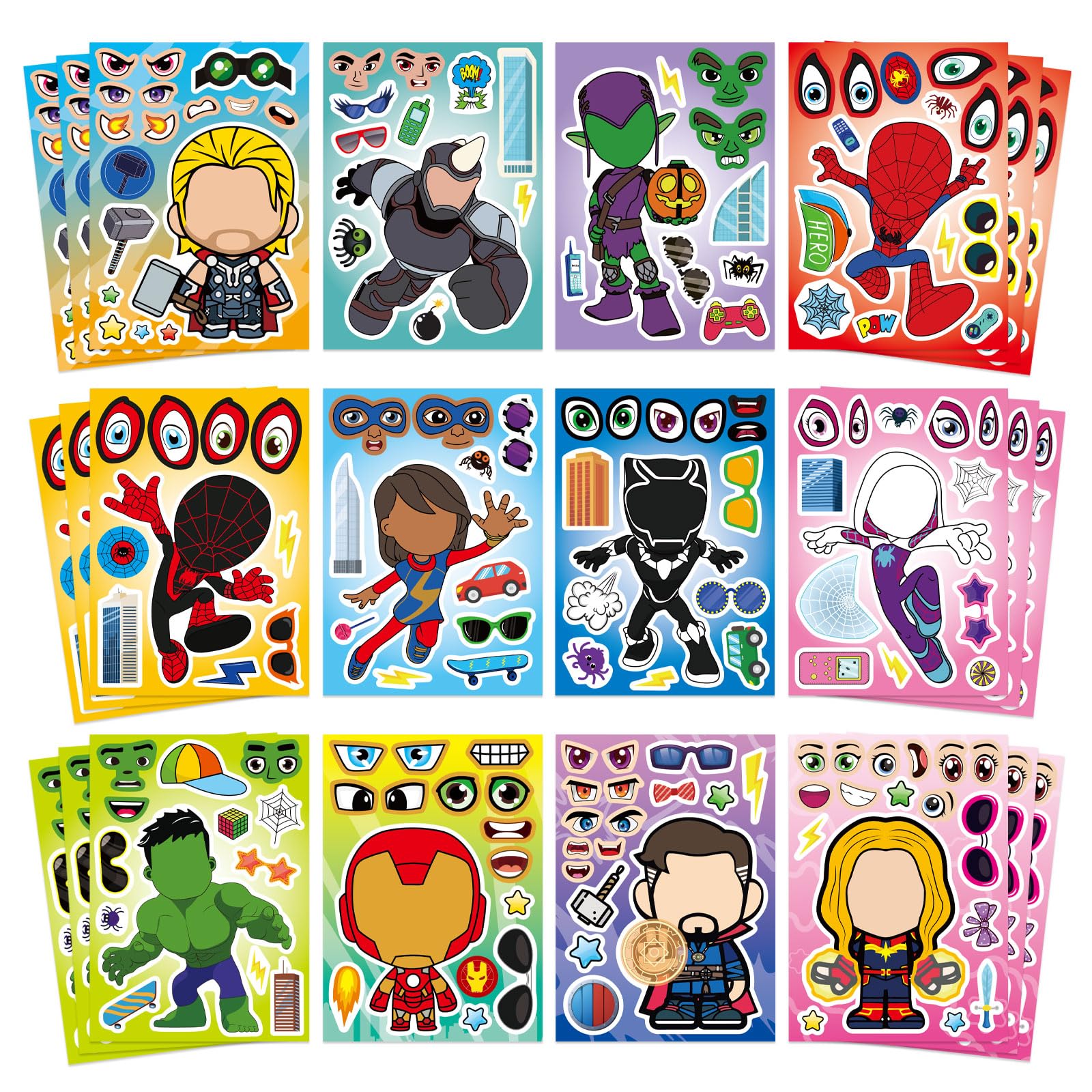 36 Sheets Cute Superhero Stickers for Teen Make Your Own Movie Sticker Make a Face Stickers for Teens Girls Boys, Classroom Rewards Movies Themed Art Craft Party Supplies 13+