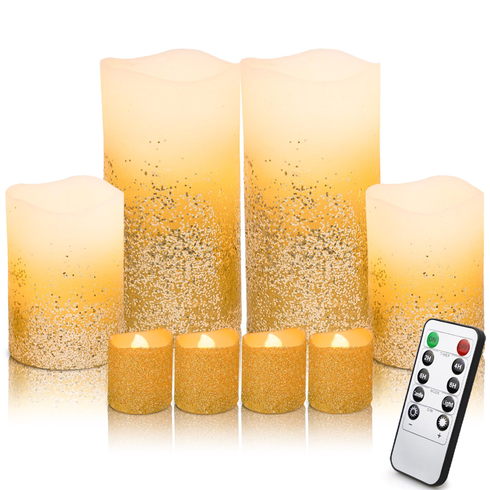 Yinuo Candle Flameless Candles,Battery Operated LED Candles with Remote and Timer,Fake Electric Candles Flickering Flameless Candles for Wedding,Holiday,Party,Home (Set of 8,Gold)