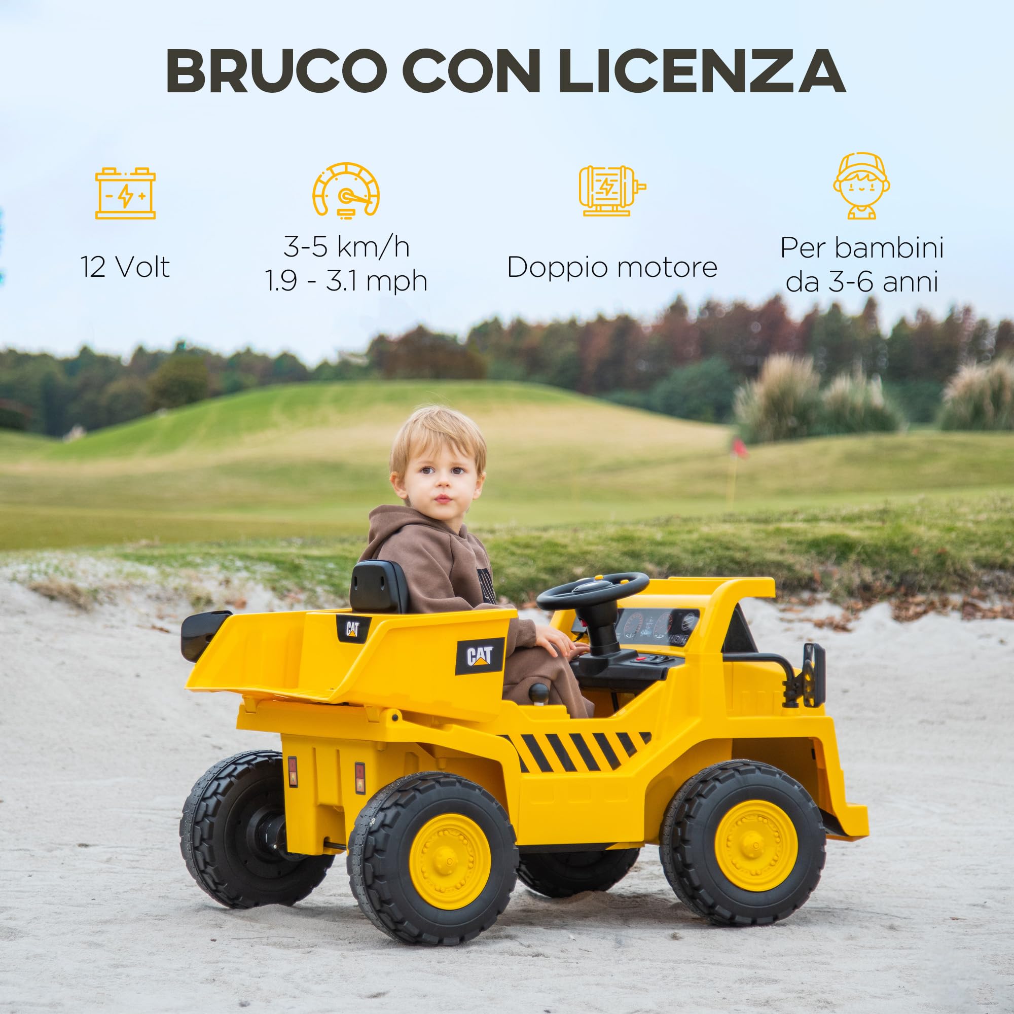 AIYAPLAY 12V Camion Giocattolo Licenza Caterpillar con Musica Giallo | Macchina Elettrica per Bambini, Telecomando, Fari, Secchio e Pala, Escavatore in PP e Metallo