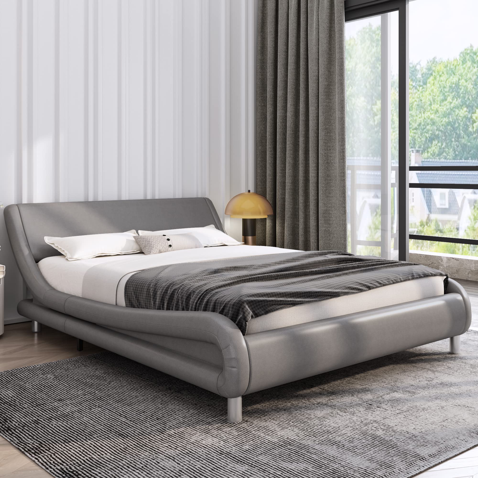 Buy Faux Leather Upholstered Platform Bed Frame with Curved Headboard