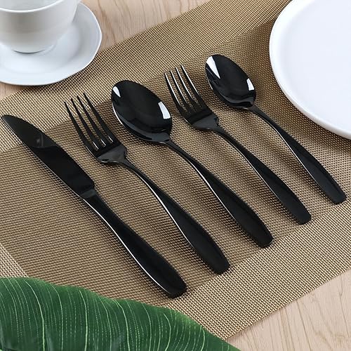 Miniatura 3 de Wekioger Juego de cubiertos de acero inoxidable negro de 20 piezas, juego de cubiertos de mesa para 4
