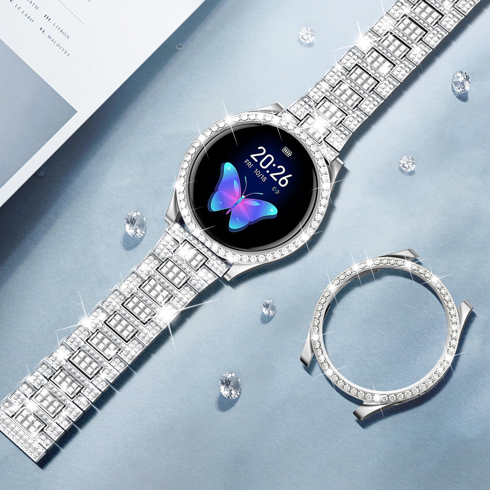 Condition photo showing New/Like New for dsytom bands compatible with samsung galaxy watch 6 40mm 44mm, 20mm bling metal replacement galaxy watch 6 band 40mm 44mm with rhinestone protective case for women girls