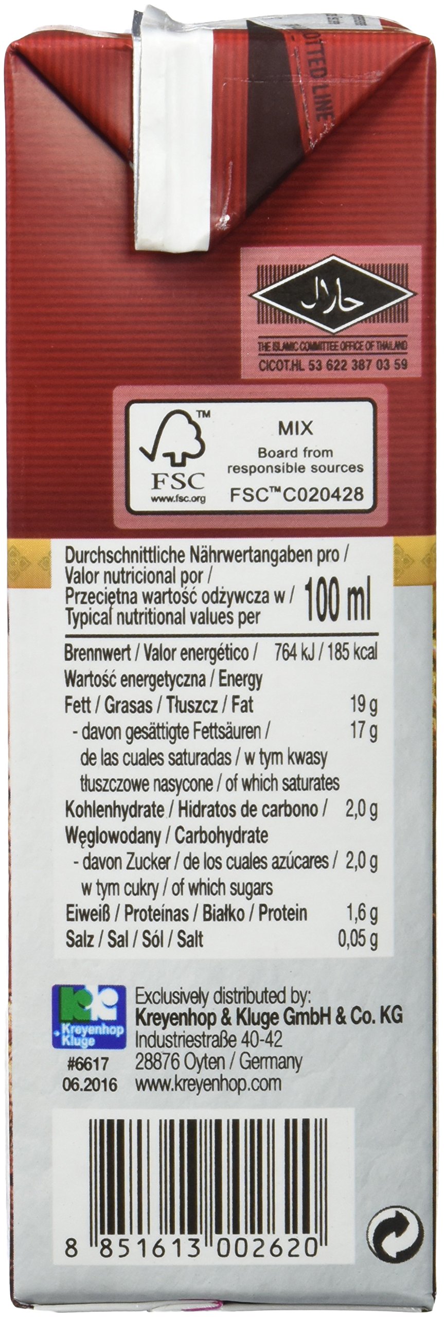 Orient Gourmet Leche de coco, leche cremosa con sabor a coco, cocina tailandesa auténtica, Contenido de Grasa 17-19%, 1 2 x 500 ml