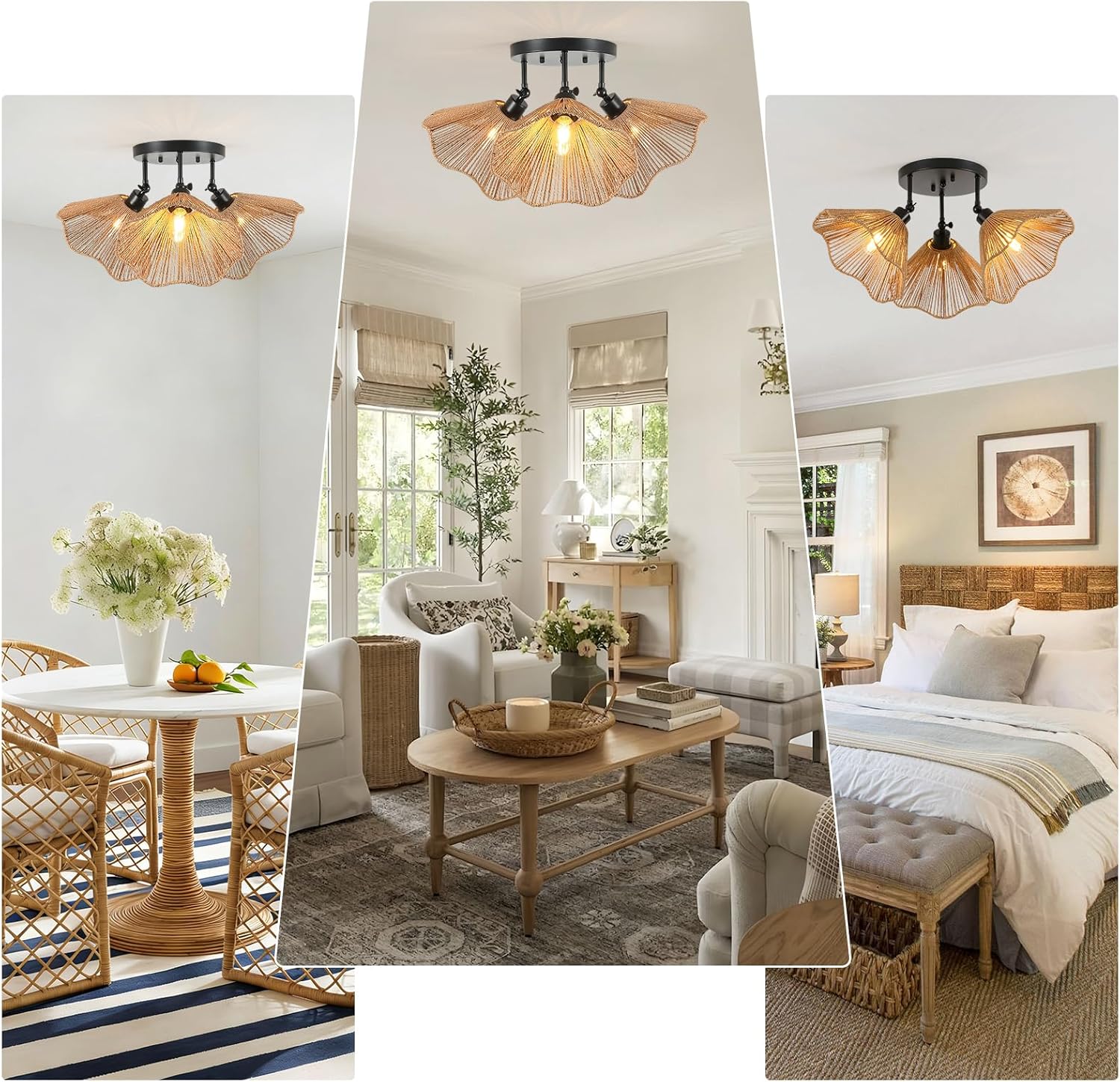ETONIMERR 26.77'' Rattan Semi Flush Mount Ceiling Light Fixture, 3-Lights Boho Light Fixtures Ceiling Mount, Woven Chandelier Wicker Light Fixture for Dining Room Entryway Hallway Bedroom Kitchen