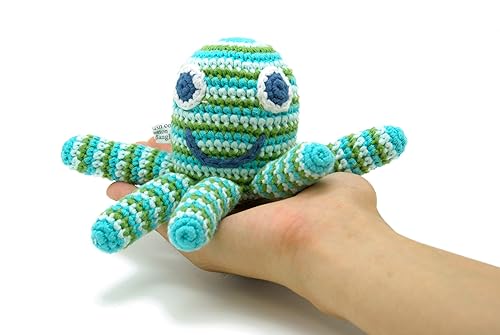 Miniatura 5 de Pebble Sonajero de bebé de pulpo hecho a mano, rayas verdes, océano, playa, costero, juguete de ganchillo para bebé, comercio justo, lavable a