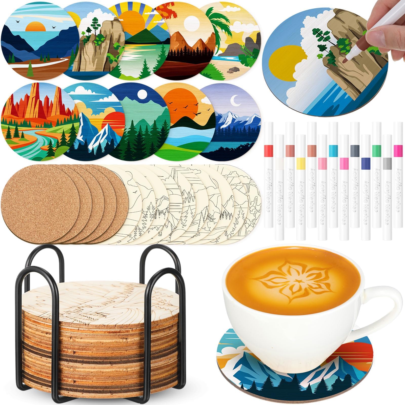 Reallnaive 45 Pcs Landscape Wooden Coasters Painting Kit, 4 Inch Paint Your Own Boho Coasters with Markers, Arts and Crafts for Adults Women Seniors Elderly Crafters Gifts